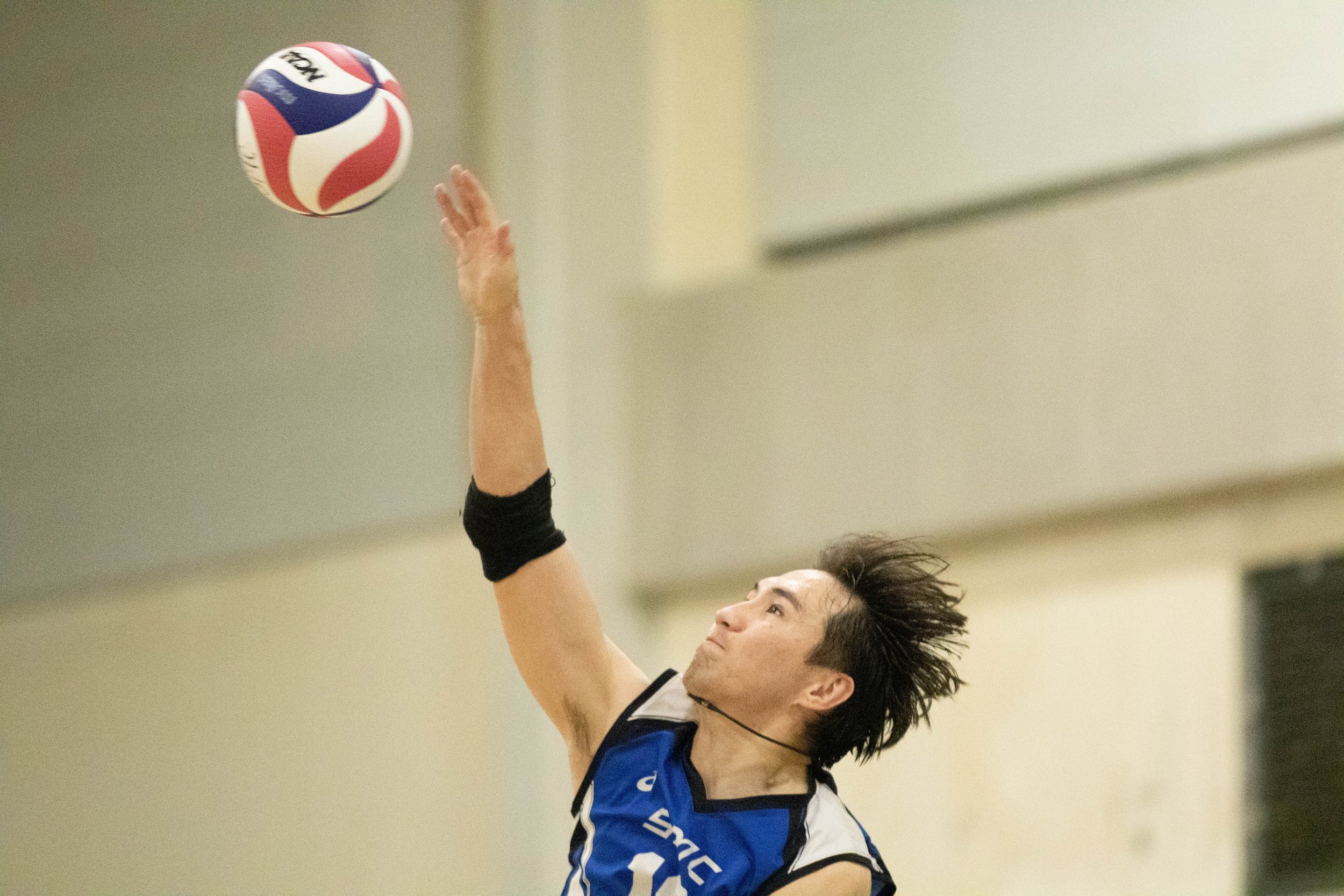  Santa Monica College Corsair outside hitter Enkhtur (Turuu) Tserendavaa (18) serving during the fourth set of a home game against Irvine Valley College Lasers in Santa Monica, Calif., on Friday, Feb. 24, 2023. The match ended with the Corsairs' defe