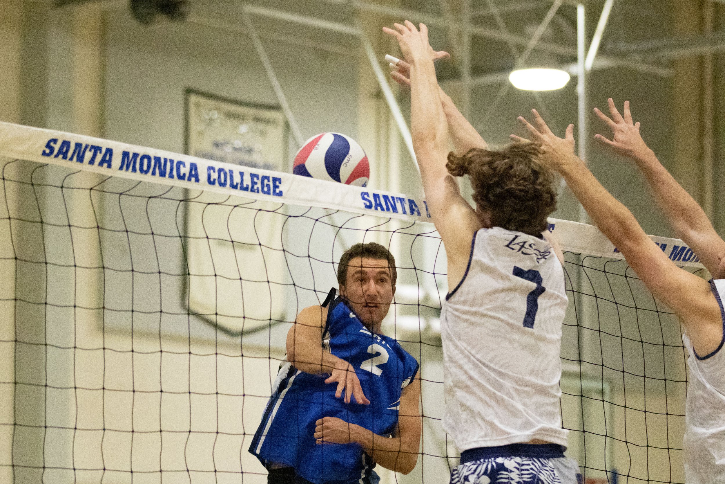  Santa Monica College Corsair outside hitter Kane Schwengel (2) attempting to score during the first set of a home game against Irvine Valley College Lasers in Santa Monica, Calif., on Friday, Feb. 24, 2023. The match ended with the Corsairs' defeat: