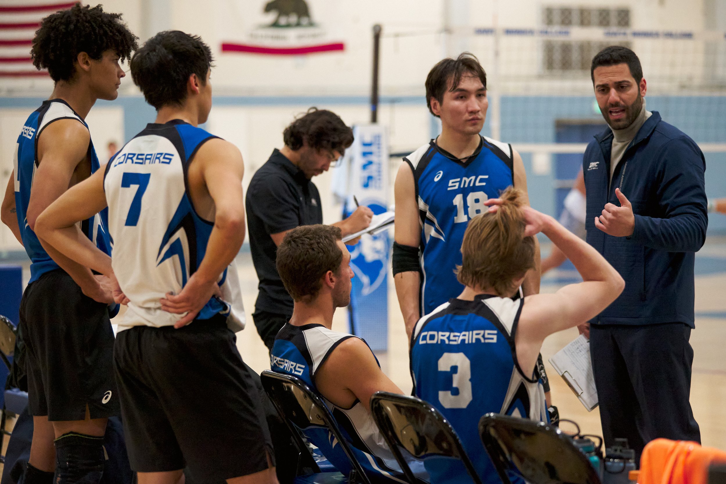  Santa Monica College Corsairs Men's Volleyball Head Coach Liran Zamir talks to the team between sets during the match against the Irvine Valley College Lasers on Friday, Feb. 24, 2023, at Corsair Gym in Santa Monica, Calif. The Corsairs Lost 3-1. (N