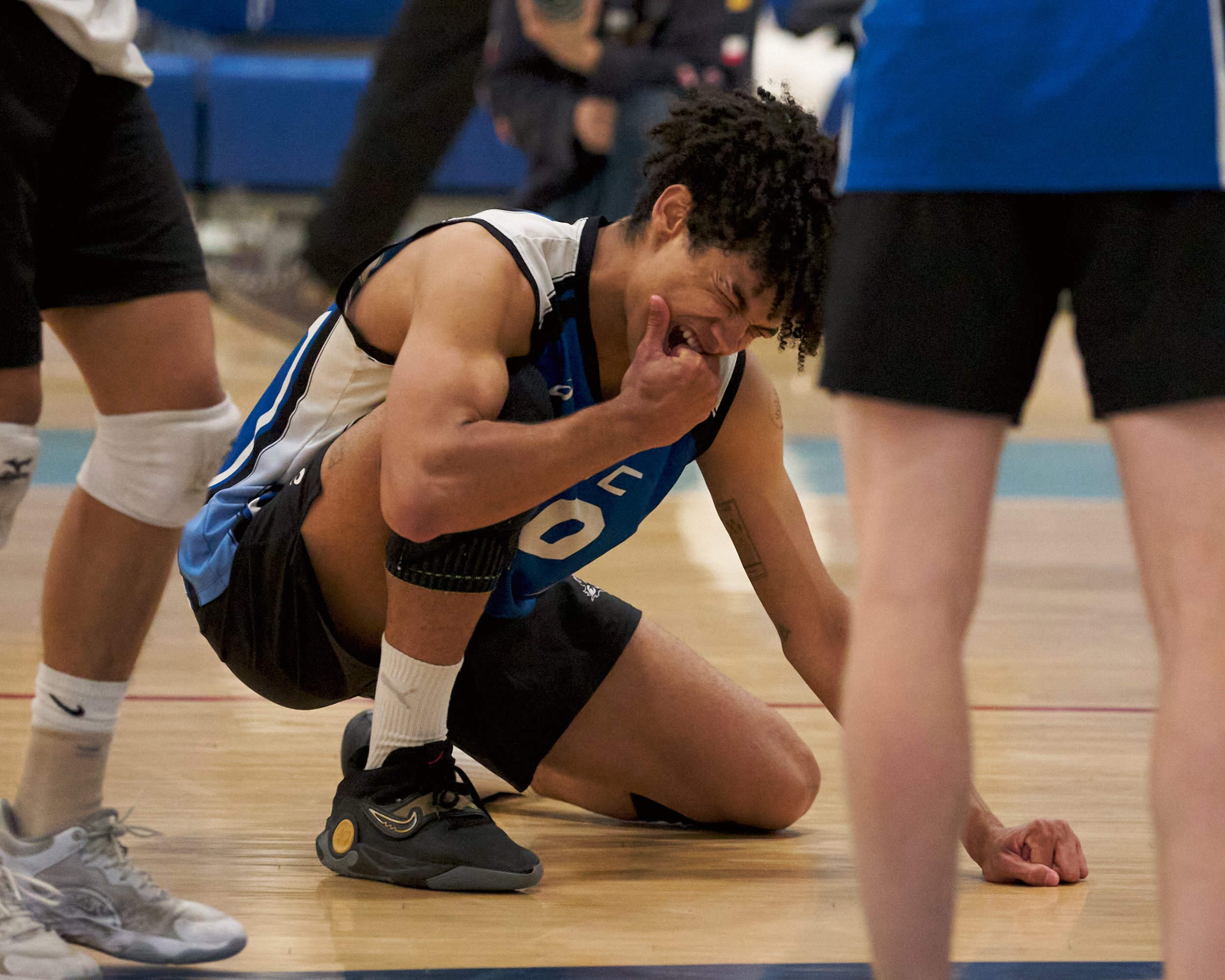  Santa Monica College Corsairs' Nate Davis reacts to his error during the men's volleyball match against the Irvine Valley College Lasers on Friday, Feb. 24, 2023, at Corsair Gym in Santa Monica, Calif. The Corsairs Lost 3-1. (Nicholas McCall | The C
