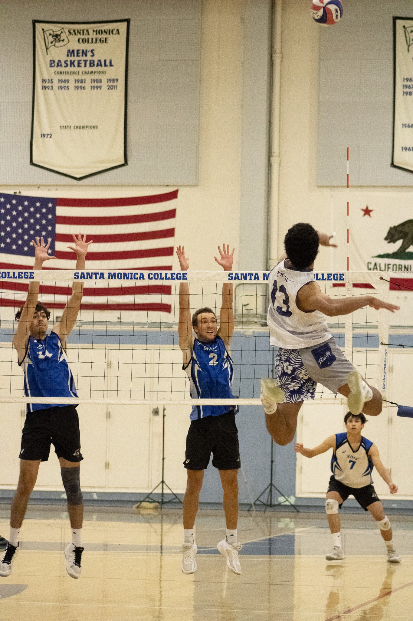  Santa Monica College Corsairs Luis Garzon (left) Kane Schwengel (right) blocking against Irvine Valley College Demetre Gossett during a volleyball game in Santa Monica, Calif. Friday, Feb. 24, 2023. The game ended with the Corsair's defeat: 3 - 1. L