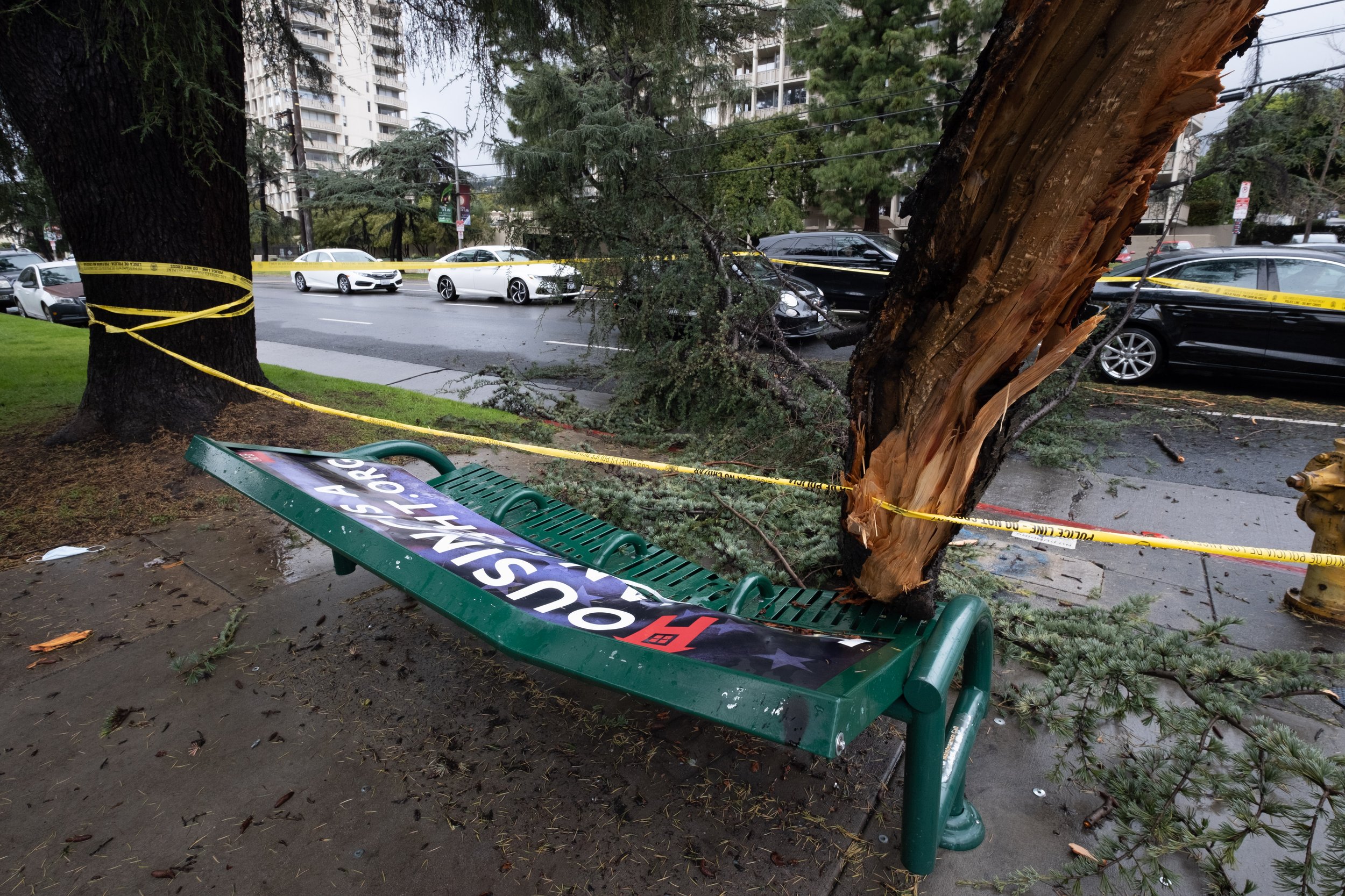  Historic winter storms hit Southern California this week. Between Friday, February 24 and Saturday, February 25, 2023, a large tree branch fell, crushing the bus stop bench beneath it on Los Feliz Boulevard at Commonwealth Avenue in Los Feliz, Calif