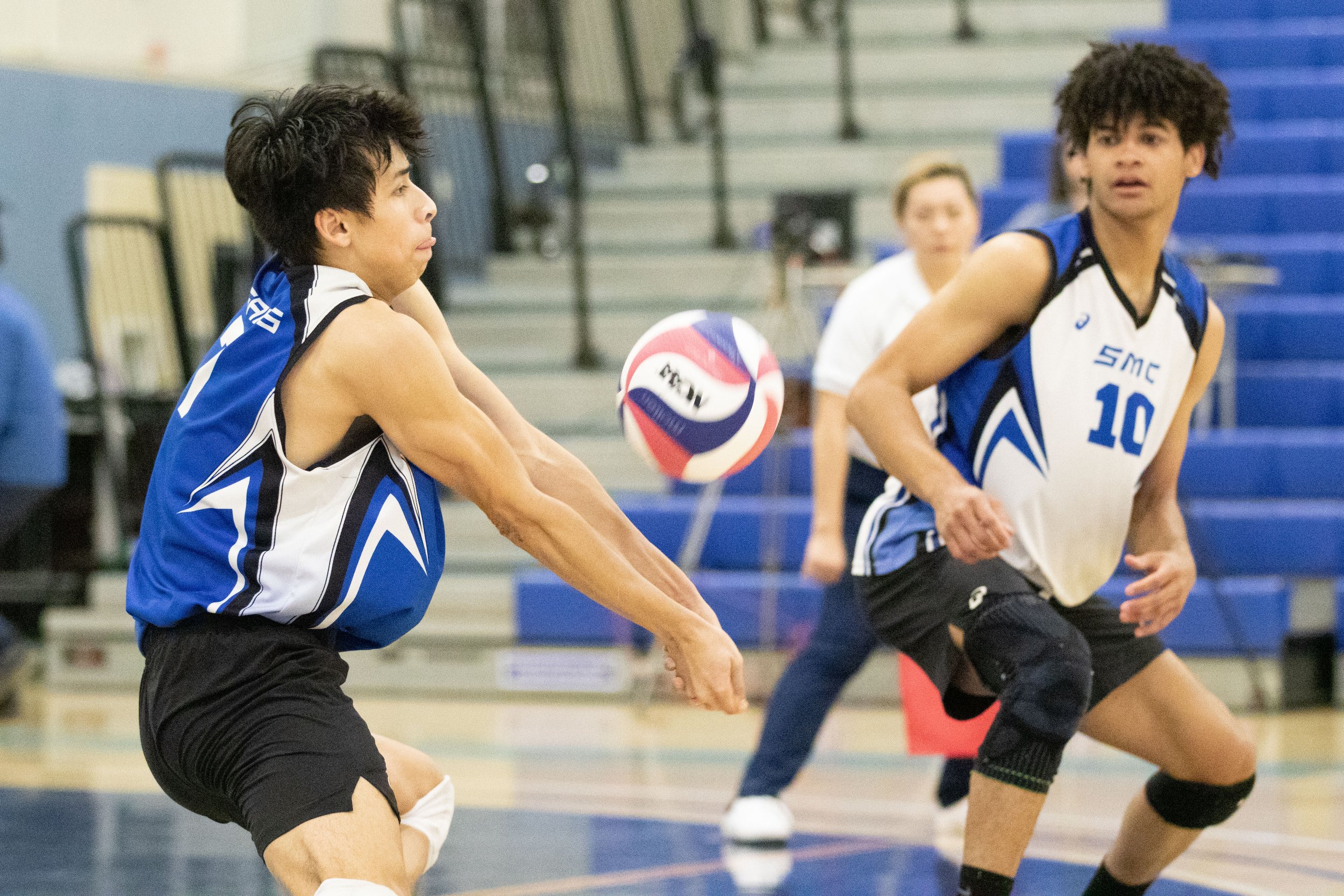  Santa Monica College Corsair libero Javier Castillo (7) hitting the ball after it was served by Long Beach City College Vikings during the second set of a home game in Santa Monica, Calif., on Friday, March 3, 2023. The game resulted in the Corsair'