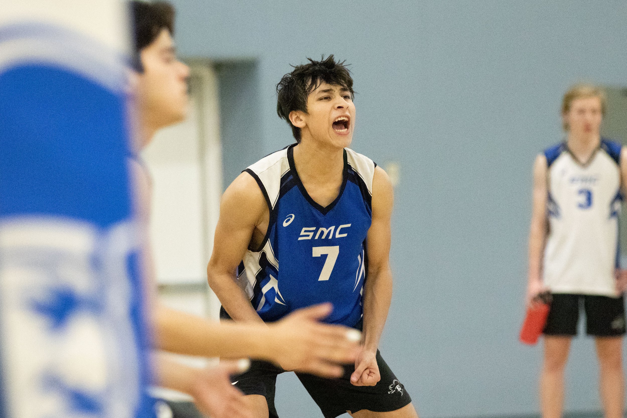  Santa Monica College Corsair libero Javier Castillo (7) cheering after the Corsairs scored during the third set of a home game against Long Beach City College Vikings in Santa Monica, Calif., on Friday, March 3, 2023. The game resulted in the Corsai