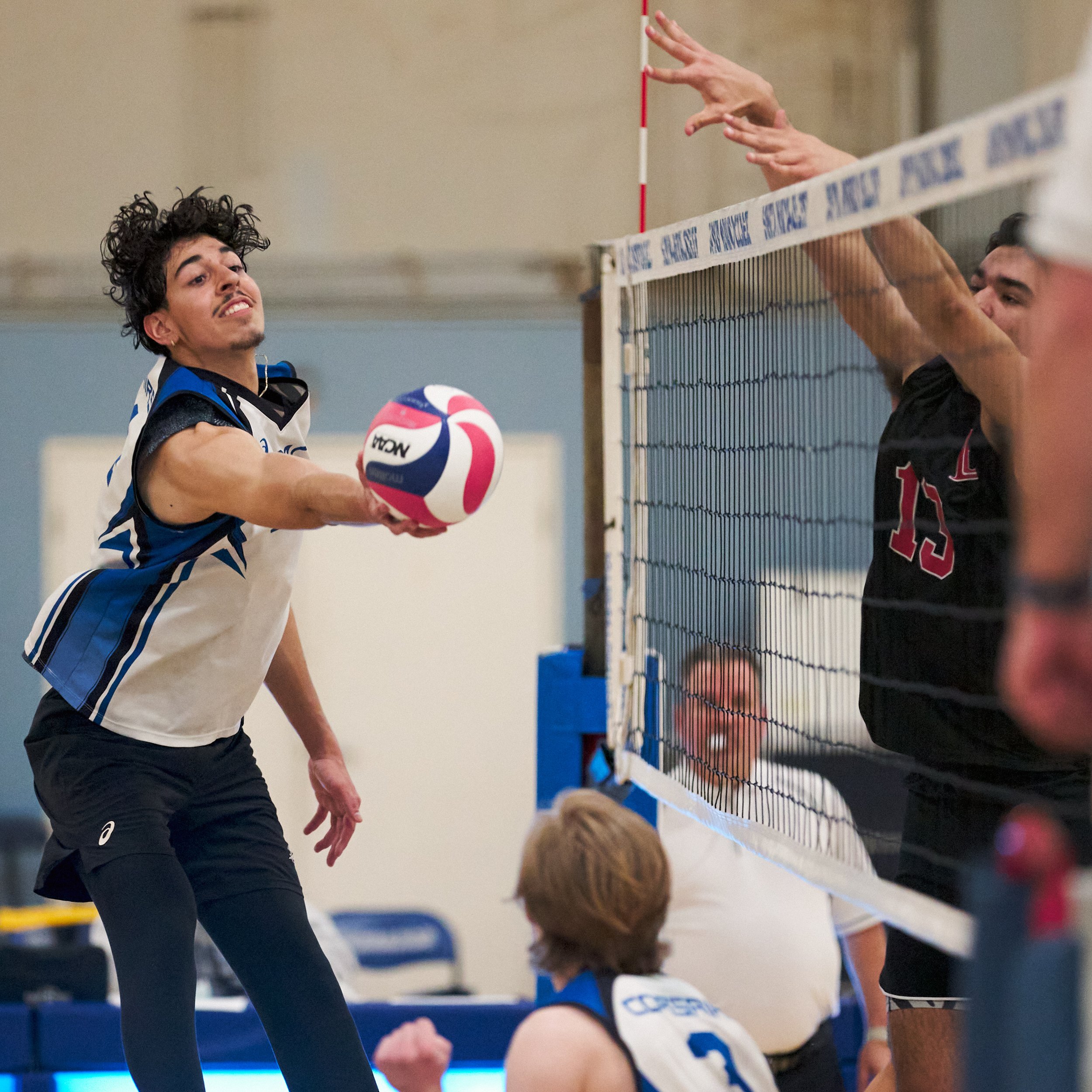  Santa Monica College Corsairs' Luis Garzon hits the ball during the men's volleyball match against the Long Beach City College Vikings on Friday, March 4, 2023, at Corsair Gym in Santa Monica, Calif. The Corsairs lost 3-0. (Nicholas McCall | The Cor