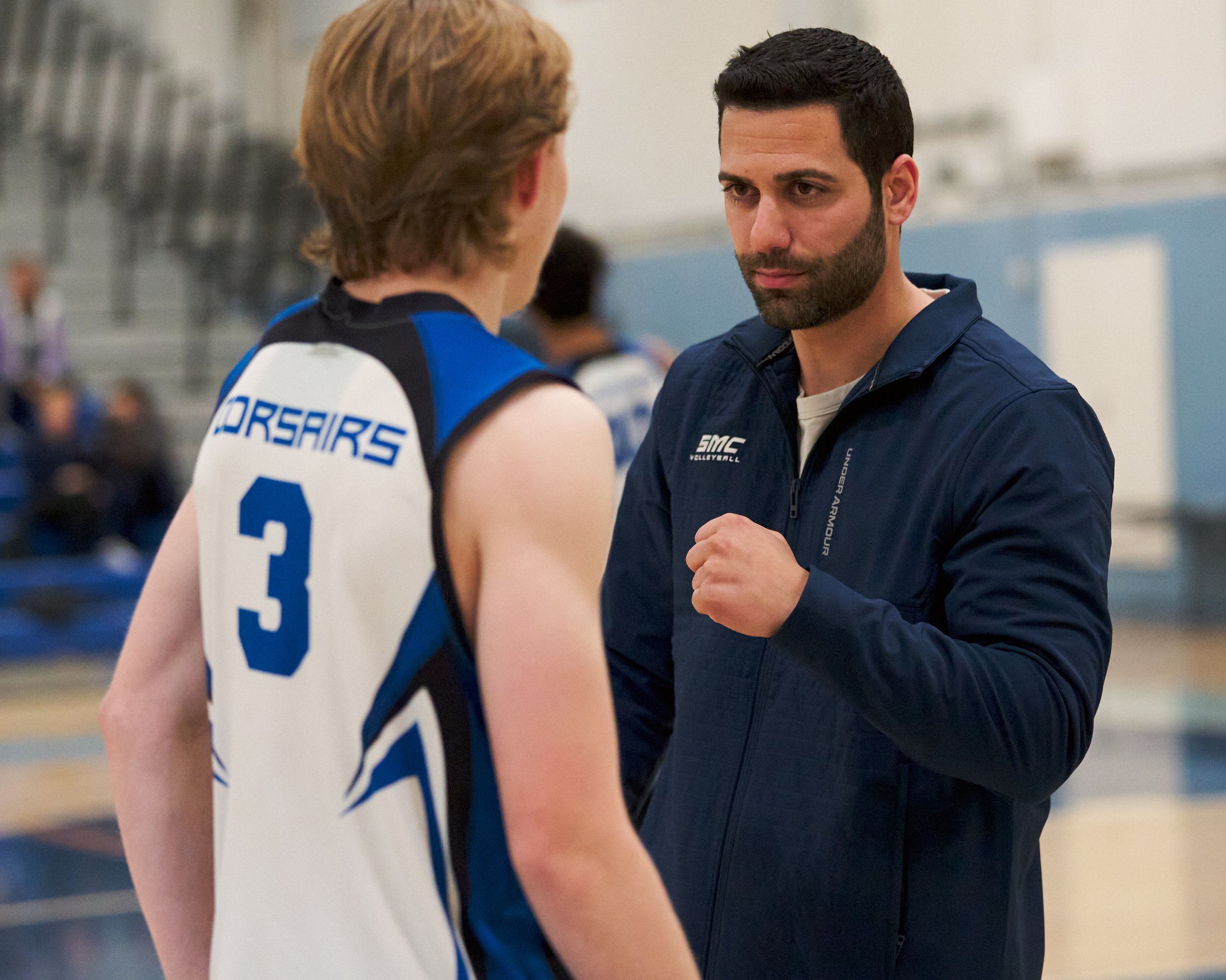  Santa Monica College Corsairs' Camden Higbee and Men's Volleyball Head Coach Liran Zamir during the match against the Long Beach City College Vikings on Friday, March 4, 2023, at Corsair Gym in Santa Monica, Calif. The Corsairs lost 3-0. (Nicholas M
