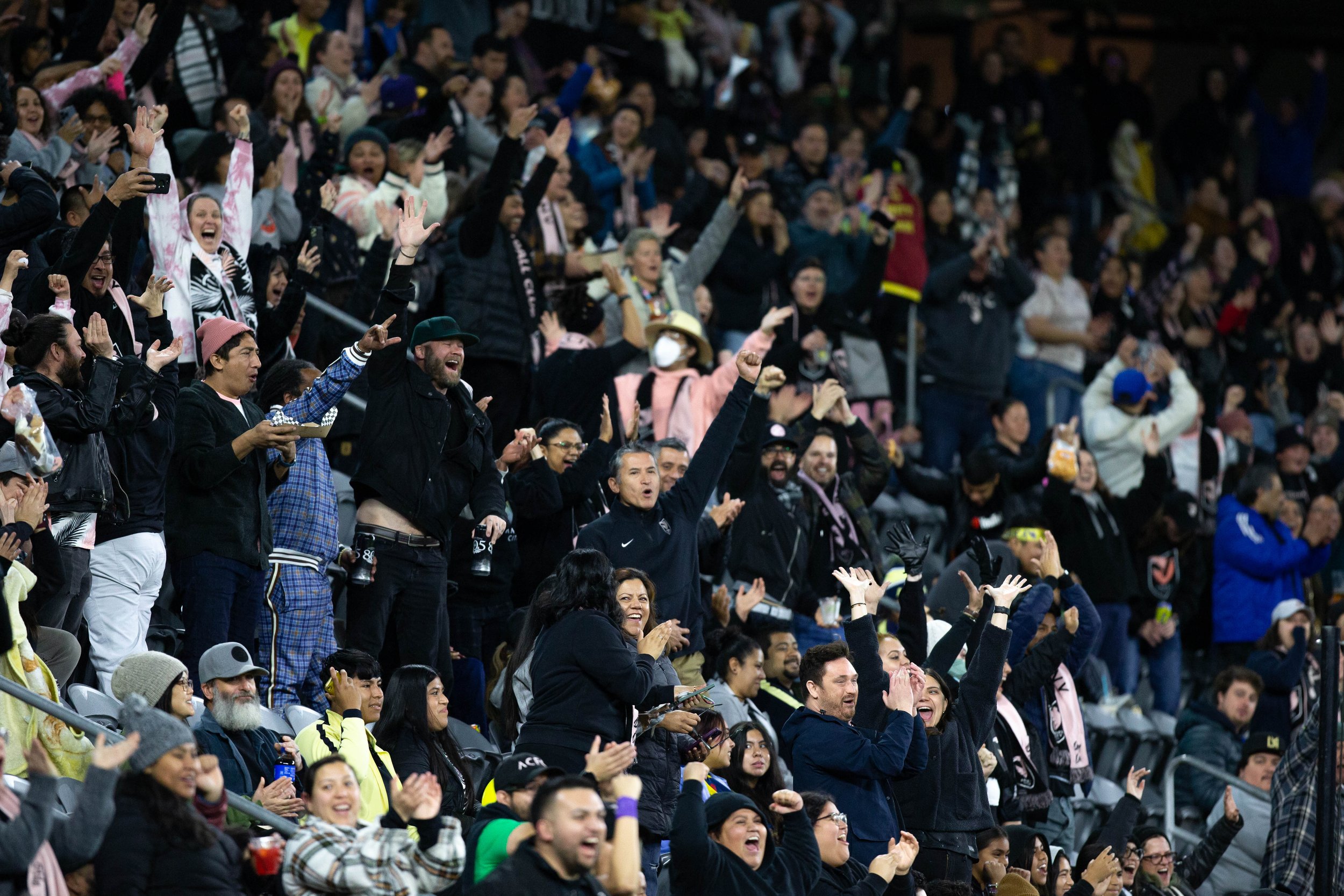  Angel City Football Club(ACFC) fans' cheering as the second goal of the game was scored adding to the lead 2-0 against Club America Femenil during their international friendly match on Wed. March 8, 2023 at BMO Stadium in Los Angeles, Calif. (Danilo