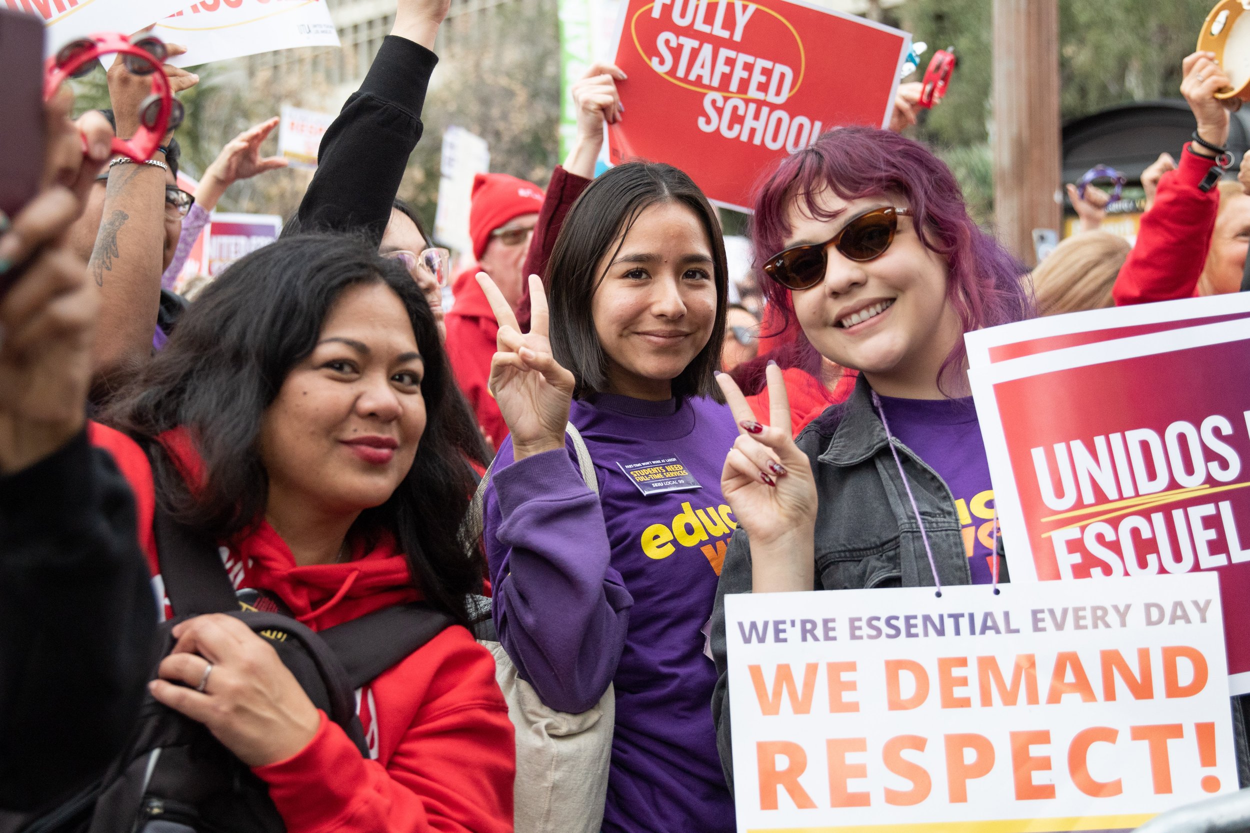  Employees with Bassett Street Emementary at a joint rally held by United Teachers Los Angeles (UTLA) and Service Workers International Union (SEIU) Local 99 outside Los Angeles City Hall, Los Angeles, Calif., on Wednesday, March 15, 2023. The rally 