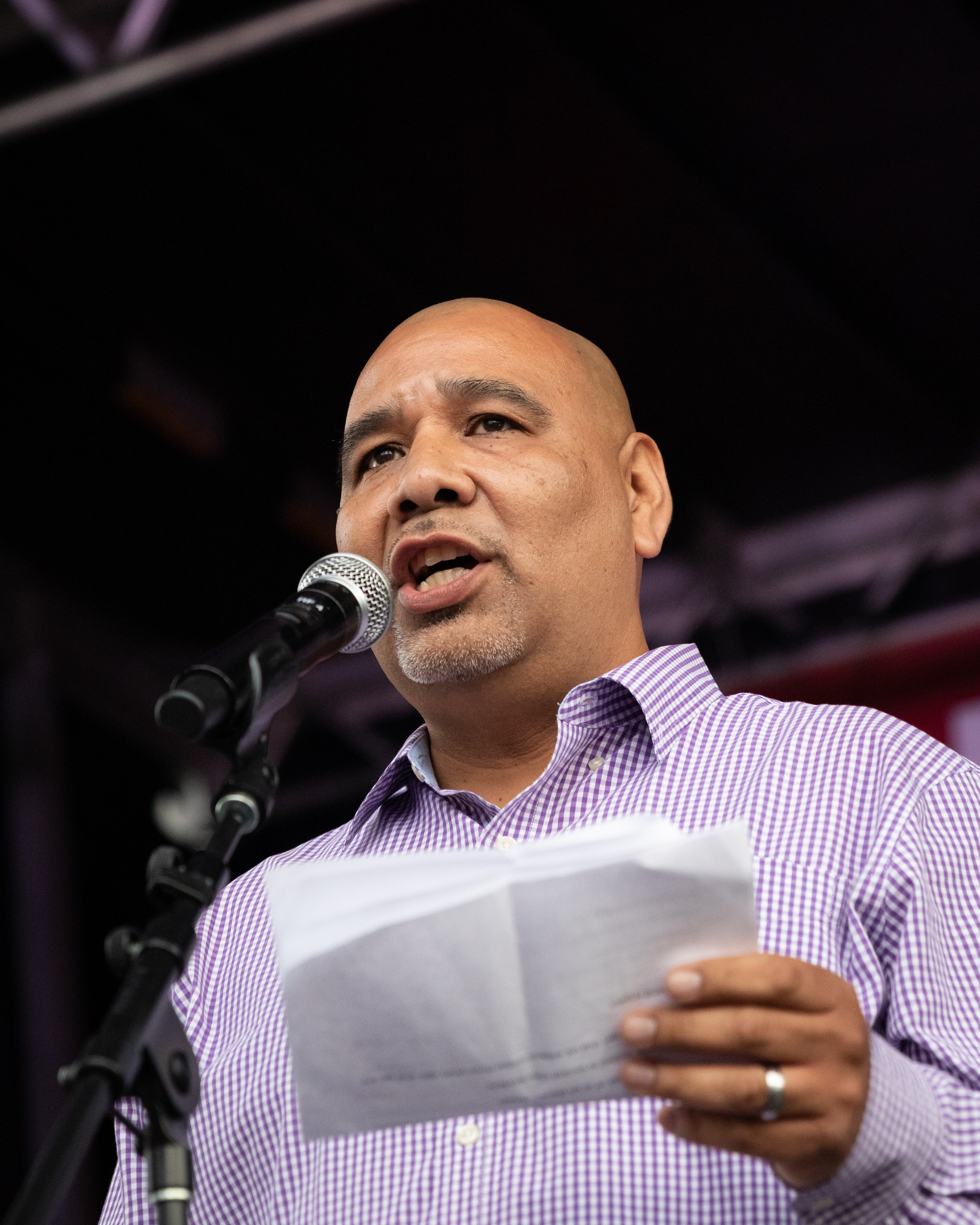  Service Employees International Union (SEIU) Local 99 president Conrado Guerrero speaking at a joint rally with United Teachers Los Angeles outside Los Angeles City Hall to announce the dates of a three-day strike in Los Angeles, Calif., on Wednesda