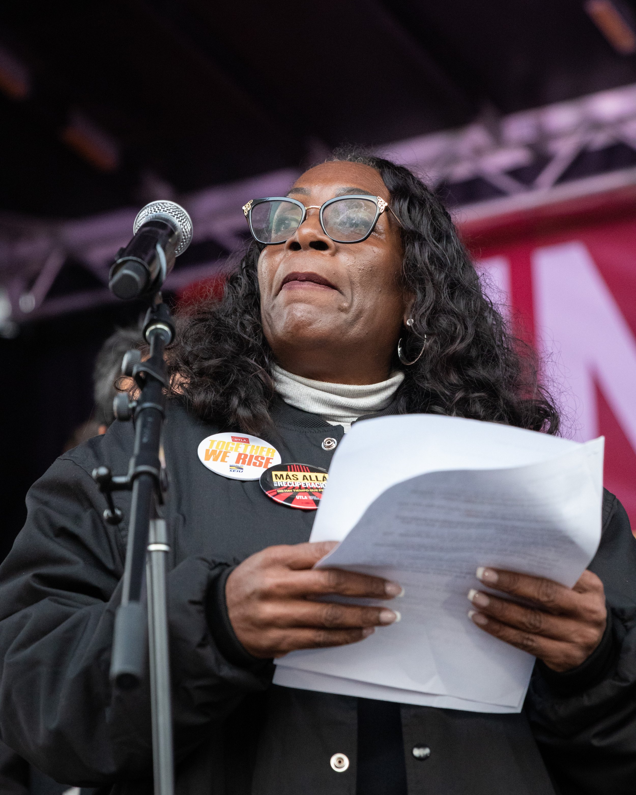  Los Angeles Federation of Labor president Yvonne Wheeler speaking at a joint rally held by United Teachers Los Angeles (UTLA) and Service Workers International Union (SEIU) Local 99 outside Los Angeles City Hall, Los Angeles, Calif., on Wednesday, M