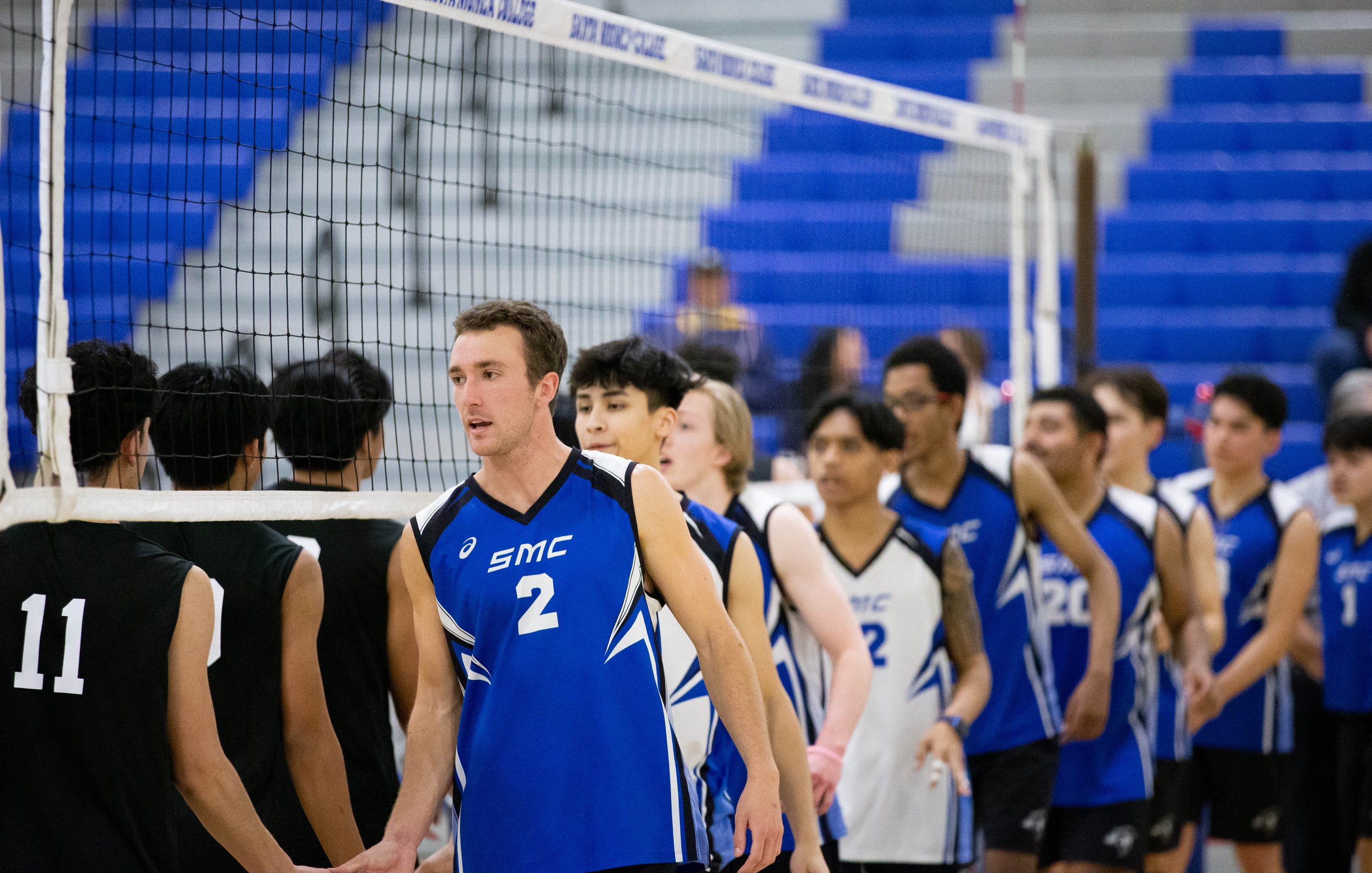  Santa Monica College(SMC) Corsairs and L.A. Pierce College Brahma Bulls in handshake-lines at the end of the game with the Corsairs taking the win 3-0 on Wed. March 15, 2023 in the SMC Pavillion at Santa Monica, Calif. (Danilo Perez | The Corsair) 