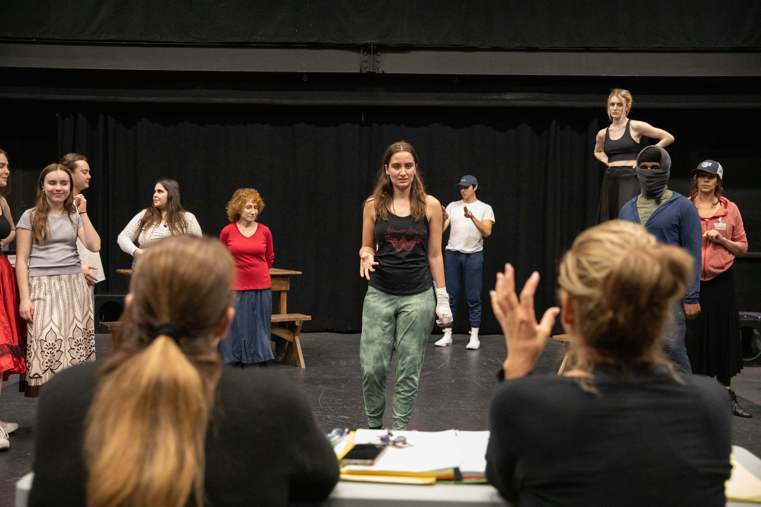  SMC student Talya Sindel listening to Theater Instructors Perviz Sawoski (right) and Choreographer Cihtli Ocampo (left) at a class rehearsal for the musical “Hunchback of Notredame”. She plays the role of Esmeralda in the show. Theater Arts building