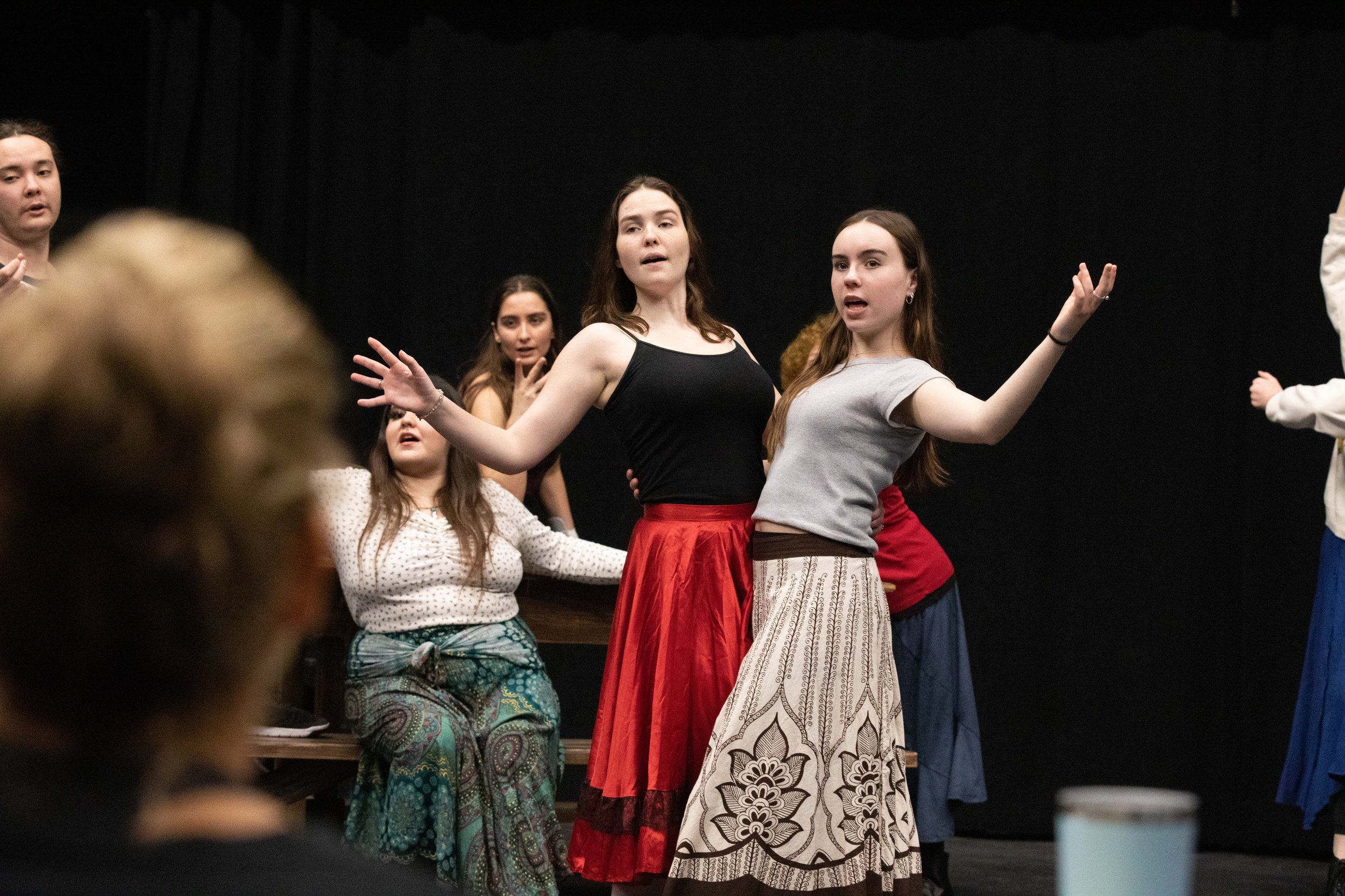  SMC theater students performing at a class rehearsal for the musical “Hunchback of Notredame”. In the foreground, Flamenco Choreographer Cihtli Ocampo. Theater Arts building at SMC main campus, Santa Monica, Calif. March Tuesday 7, 2023. (Jorge Devo