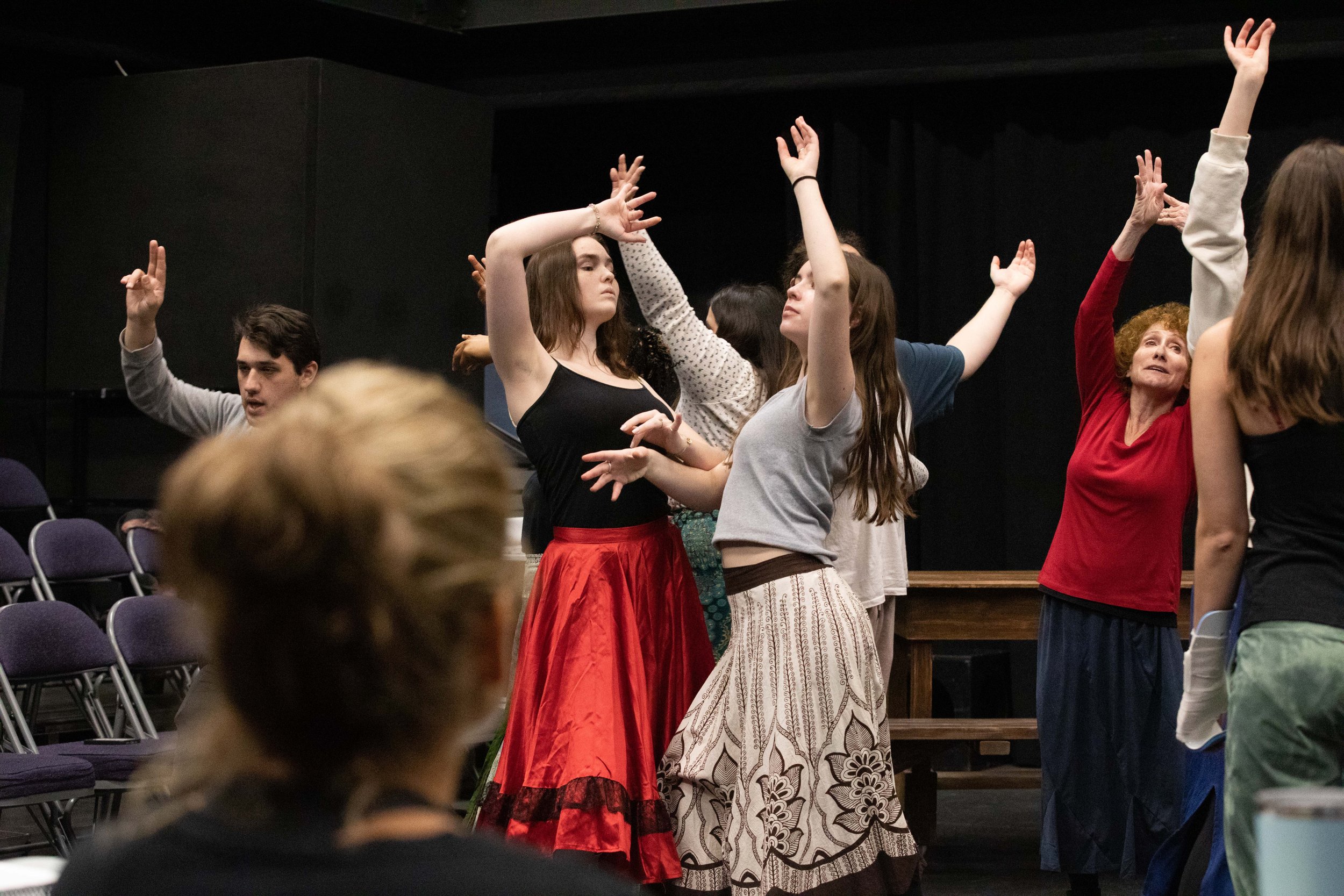  SMC theater students performing at a class rehearsal for the musical “Hunchback of Notredame”. In the foreground, Flamenco Choreographer Cihtli Ocampo. Theater Arts building at SMC main campus, Santa Monica, Calif. March Tuesday 7, 2023. (Jorge Devo