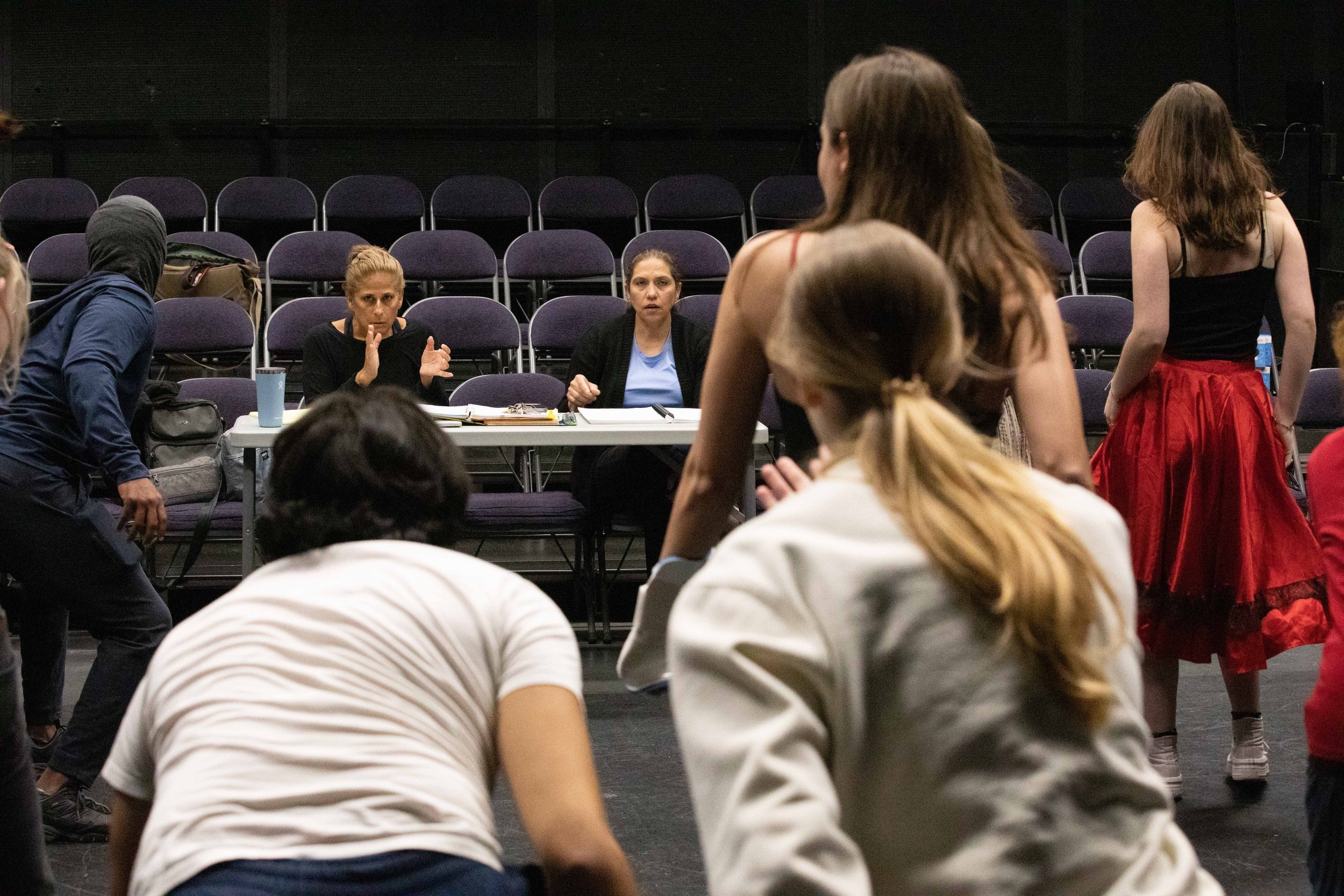  SMC Theater Instructors Perviz Sawoski (right) and Choreographer Cihtli Ocampo (left) at a class rehearsal for the musical “Hunchback of Notredame”. Theater Arts building at SMC main campus, Santa Monica, Calif. March Tuesday 7, 2023. (Jorge Devotto