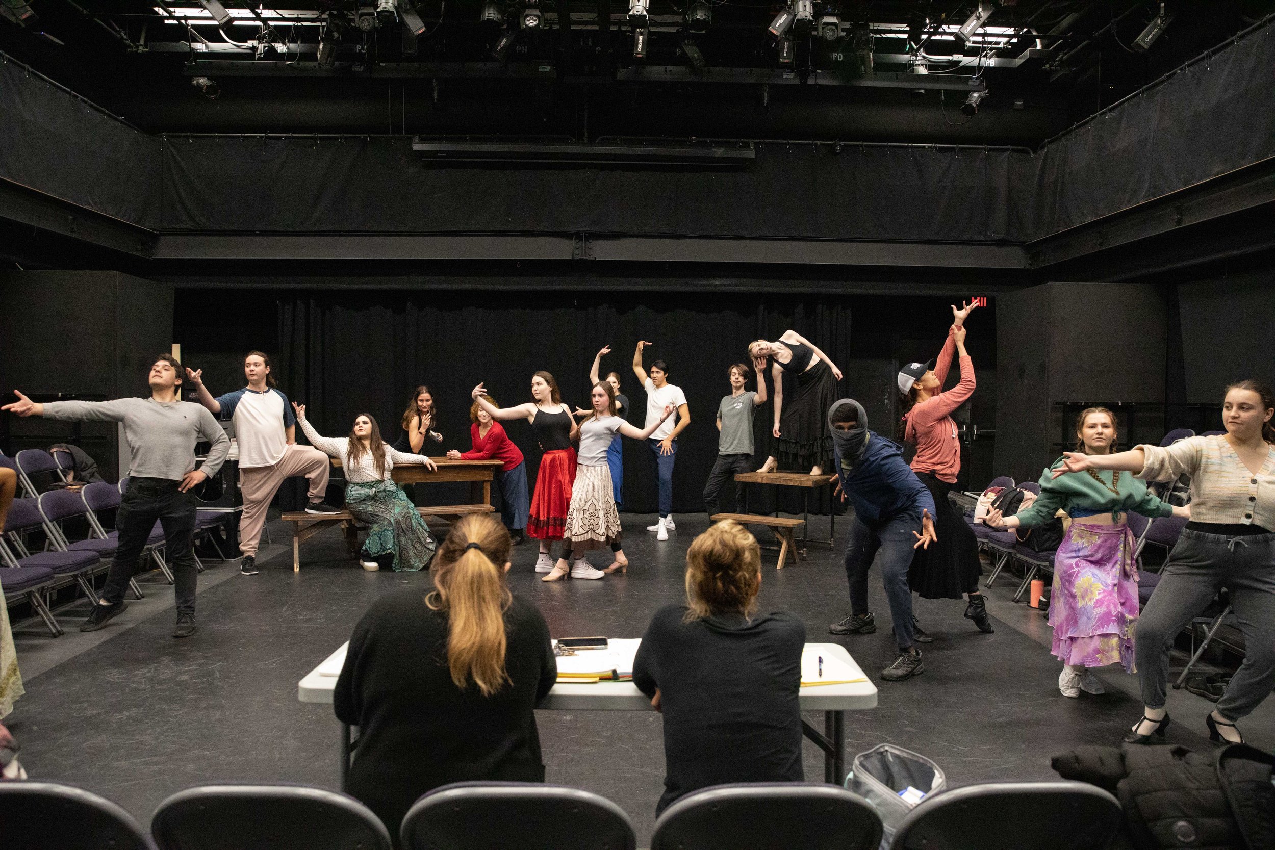  SMC students performing in front of Instructors Perviz Sawoski (left) and Cihtli Ocampo (right) at a class rehearsal for the musical “Hunchback of Notredame”. Theater Arts building at SMC main campus, Santa Monica, Calif. March Tuesday 7, 2023. (Jor