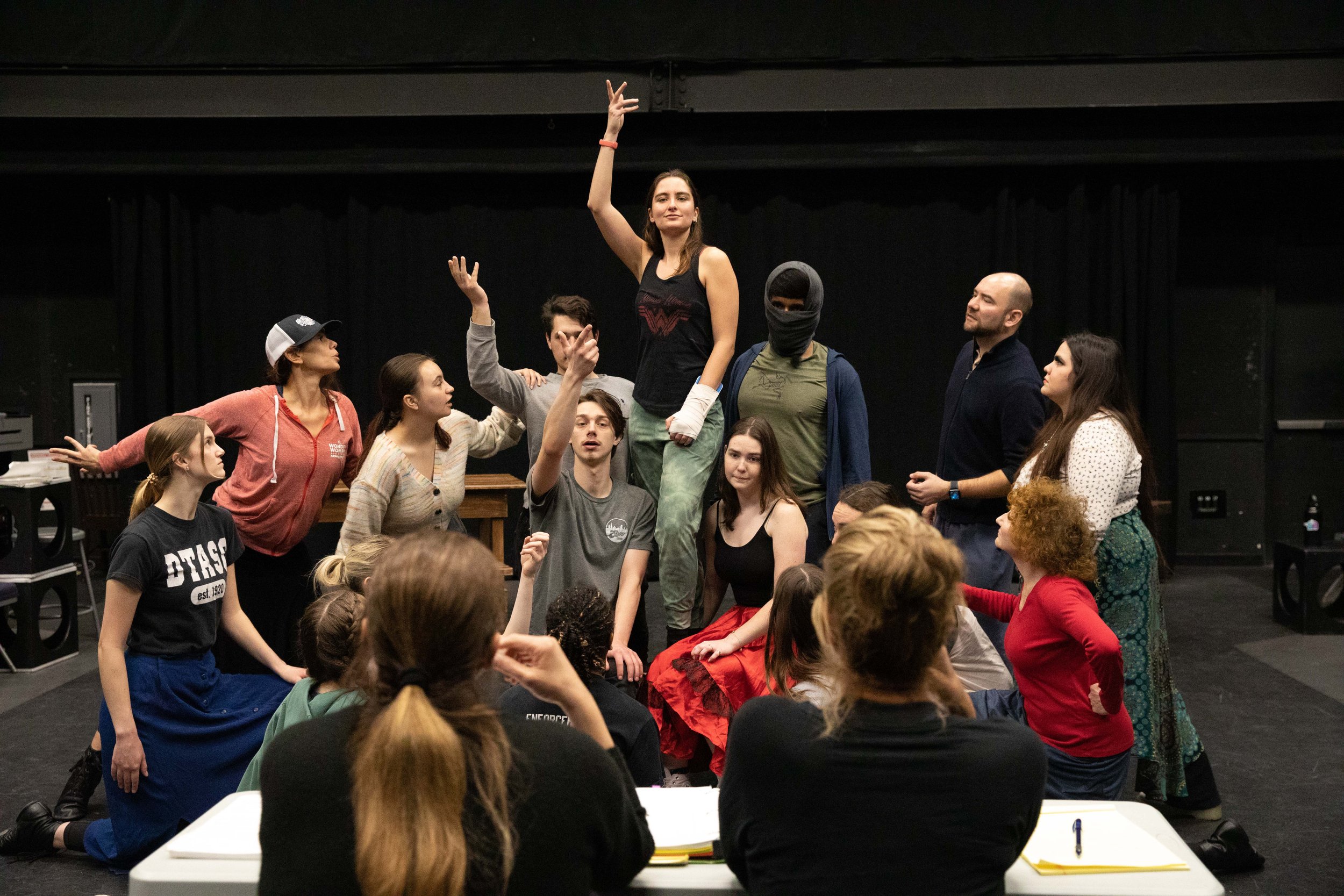  SMC students performing in front of Instructors Perviz Sawoski (left) and Cihtli Ocampo (right) at a class rehearsal for the musical “Hunchback of Notredame”. Theater Arts building at SMC main campus, Santa Monica, Calif. March Tuesday 7, 2023. (Jor