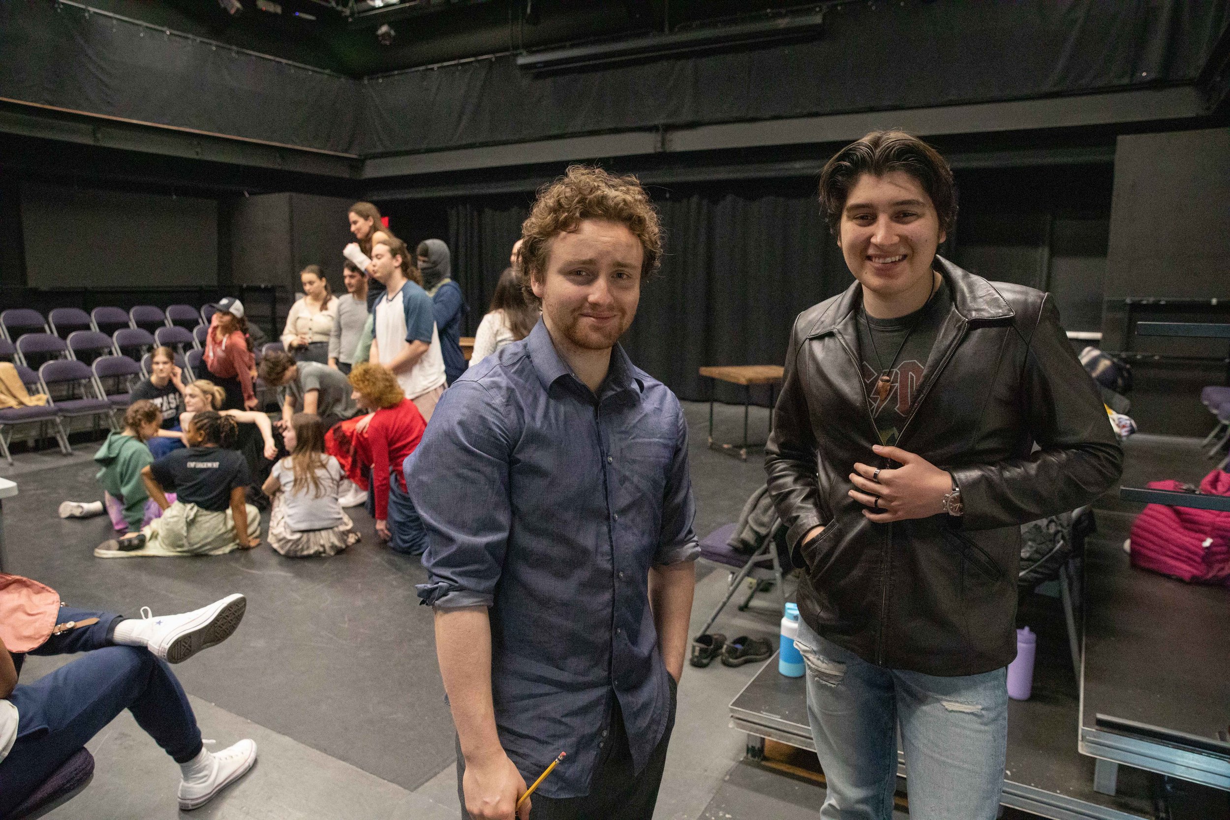  SMC students Elliot Moore (left) and Brayden Handwerger Bolívar (right) wait for their turn to perform at a class rehearsal for the musical “Hunchback of Notredame”. They both will play the role of Quasimodo alternating in the showings. Theater Arts