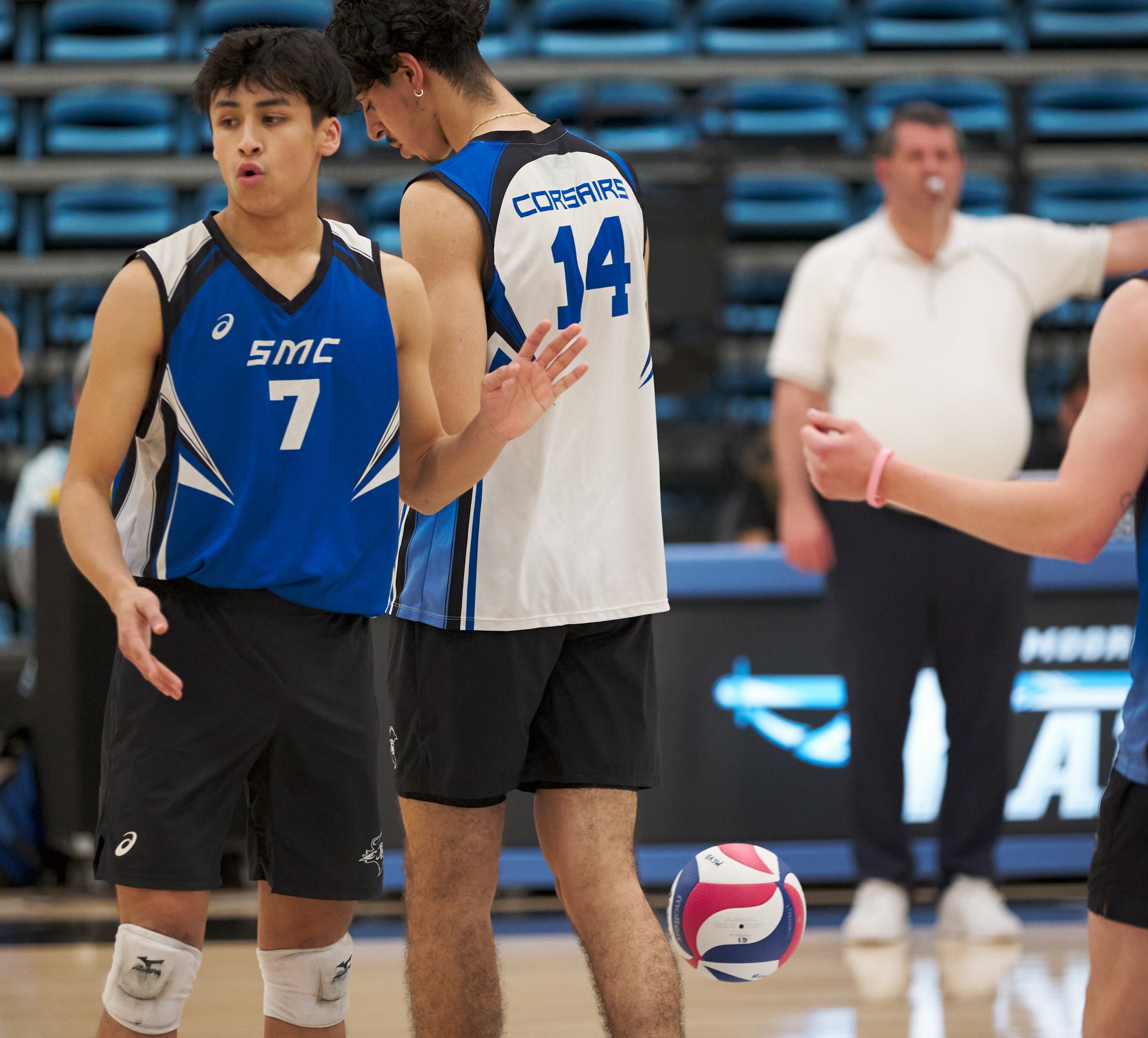  Santa Monica College Corsairs' Javier Castillo and Luis Garzon react to losing a point to the Moorpark  College Raiders during the men's volleyball match on Friday, March 17, 2023, at Moorpark College's Gymnasium in Moorpark, Calif. The Corsairs los