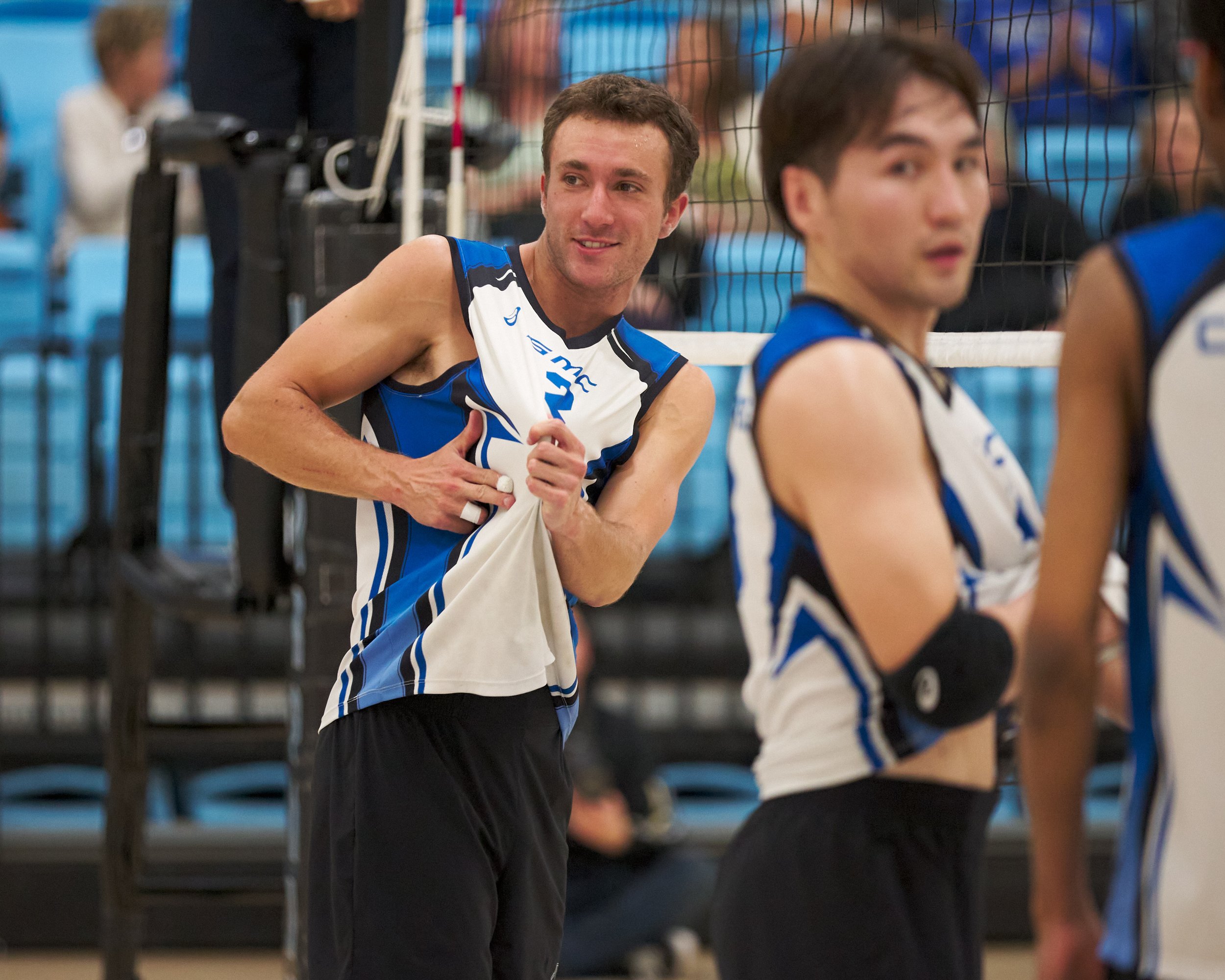  Santa Monica College Corsairs' Kane Schwengel signals, with Enkhtur Tserendavaa on the right, during the men's volleyball match against the Moorpark College Raiders on Friday, March 17, 2023, at Moorpark College's Gymnasium in Moorpark, Calif. The C