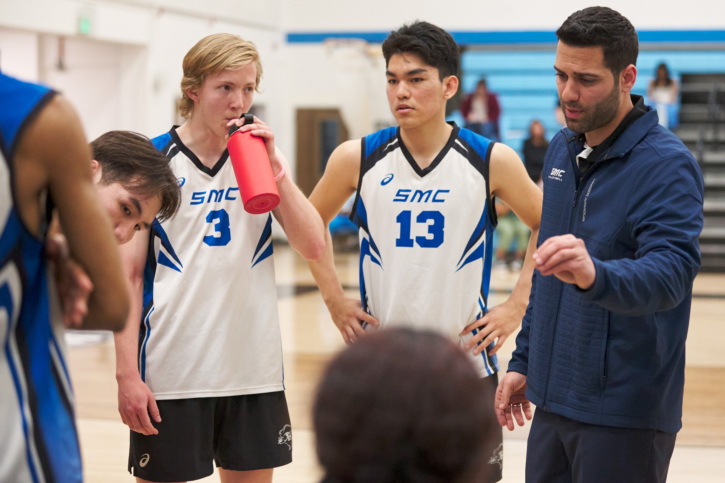  Santa Monica College Corsairs Men's Volleyball Head Coach Liran Zamir (right), Lester Ortiz (center),  Camden Higbee (left), and Enkhtur Tserendavaa (far left) during the men's volleyball match against the Moorpark College Raiders on Friday, March 1