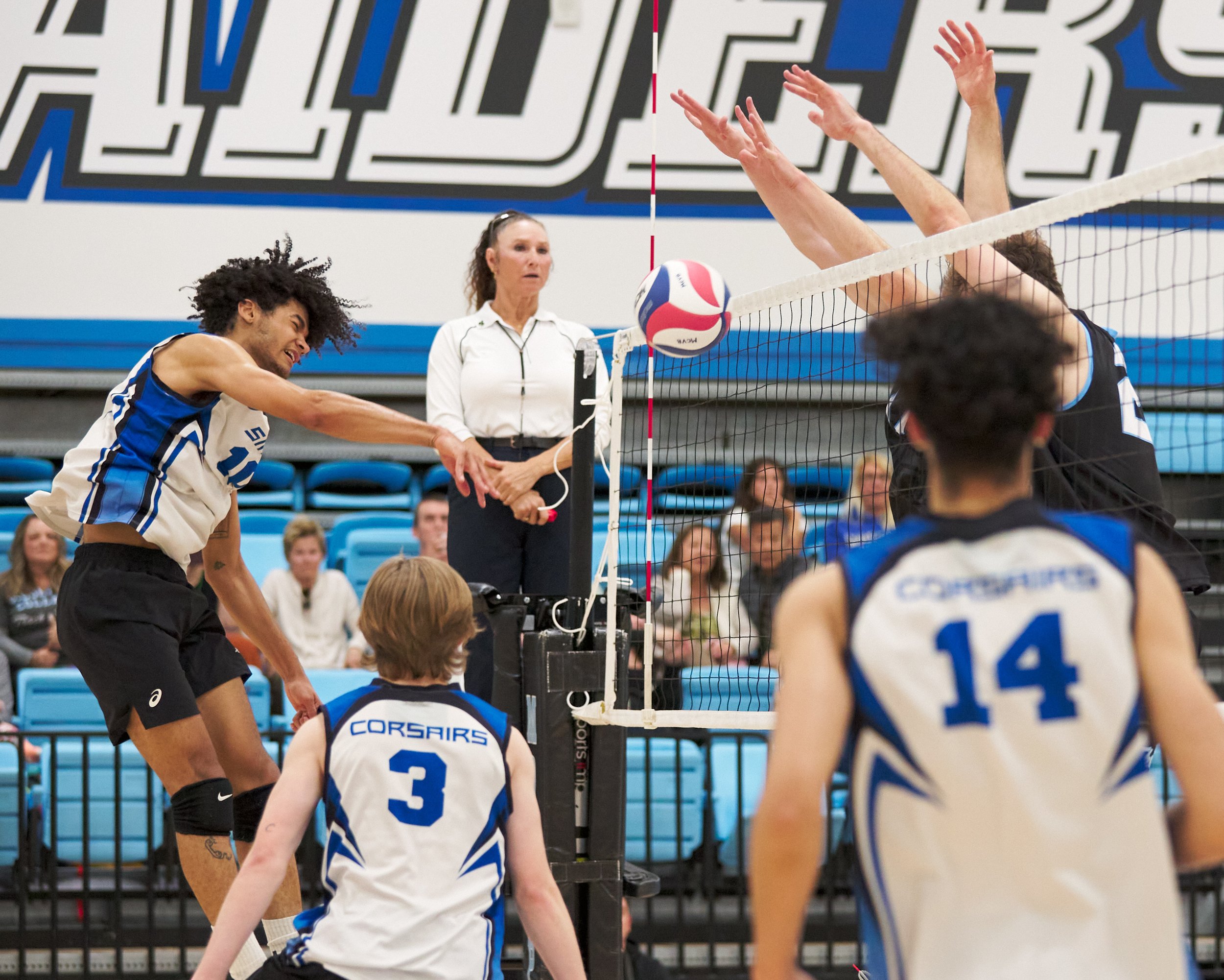  Santa Monica College Corsairs' Nate Davis hits the ball into the net during the men's volleyball match against the Moorpark College Raiders on Friday, March 17, 2023, at Moorpark College's Gymnasium in Moorpark, Calif. The Corsairs lost 3-1. (Nichol