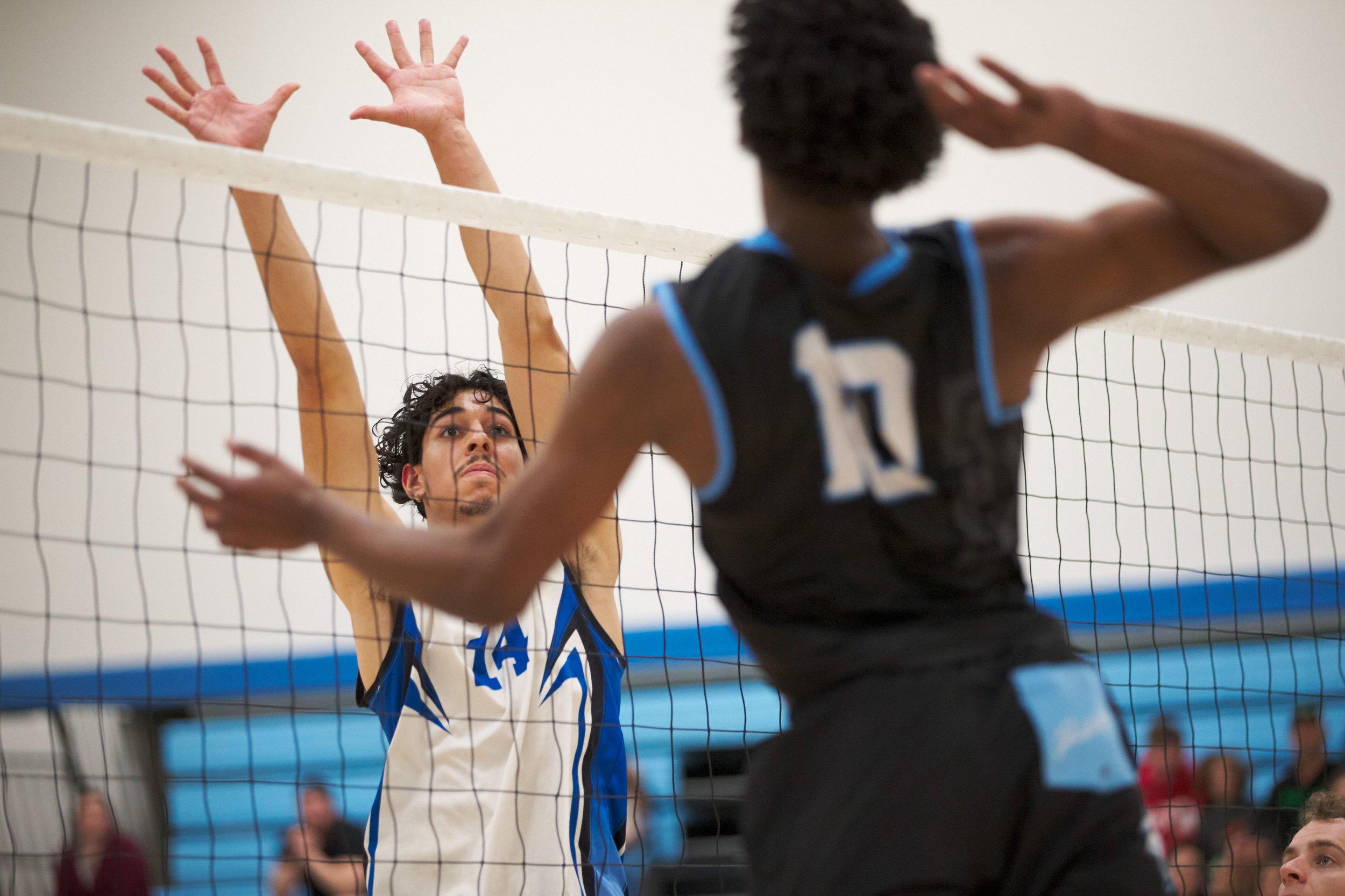  Santa Monica College Corsairs' Luis Garzon attempts to block an attack from Moorpark College Raiders' Ebba Tefera during the men's volleyball match on Friday, March 17, 2023, at Moorpark College's Gymnasium in Moorpark, Calif. The Corsairs lost 3-1.