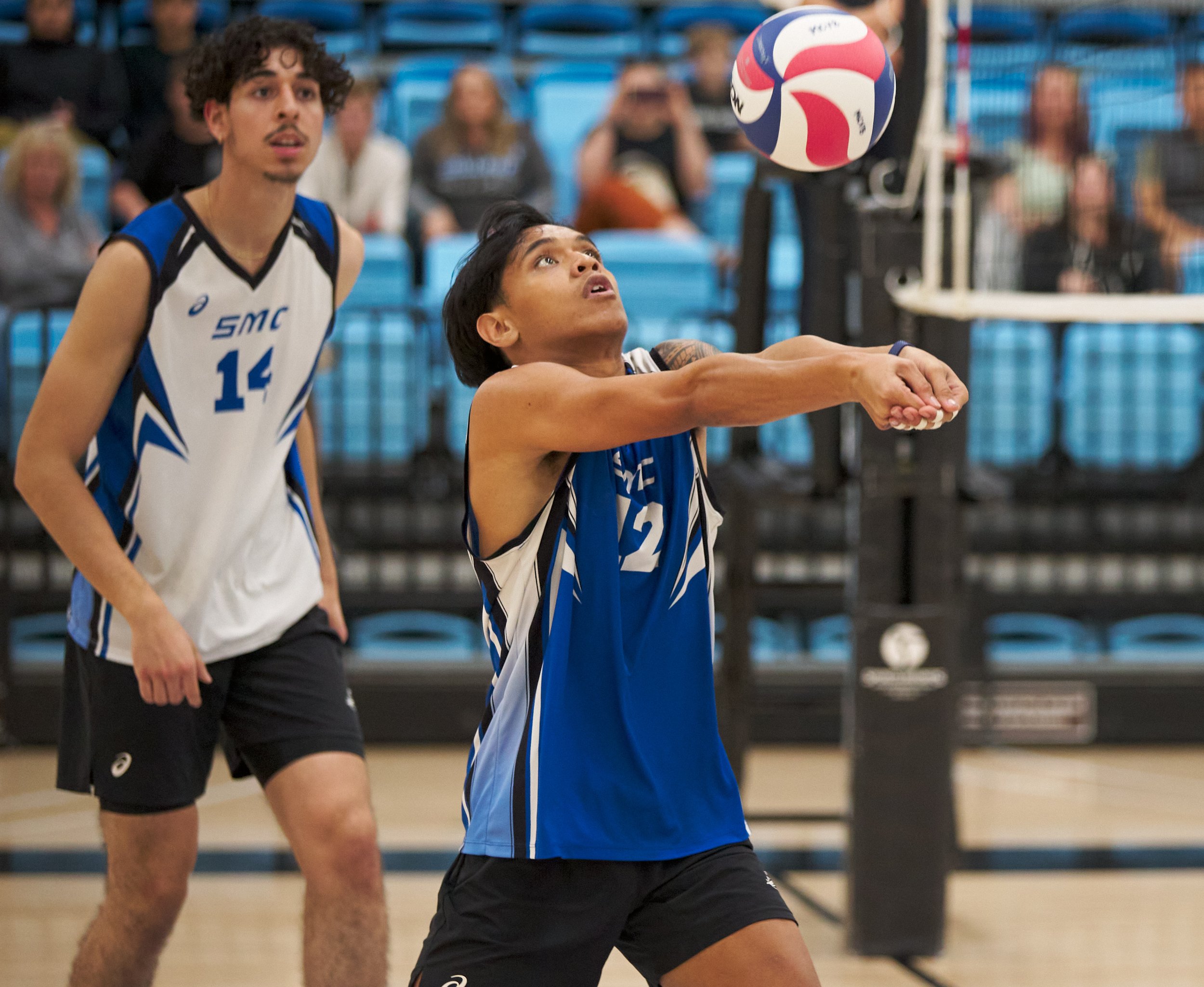  Santa Monica College Corsairs' Luis Garzon watches Tylus Williams bump the ball during the men's volleyball match against the Moorpark College Raiders on Friday, March 17, 2023, at Moorpark College's Gymnasium in Moorpark, Calif. The Corsairs lost 3