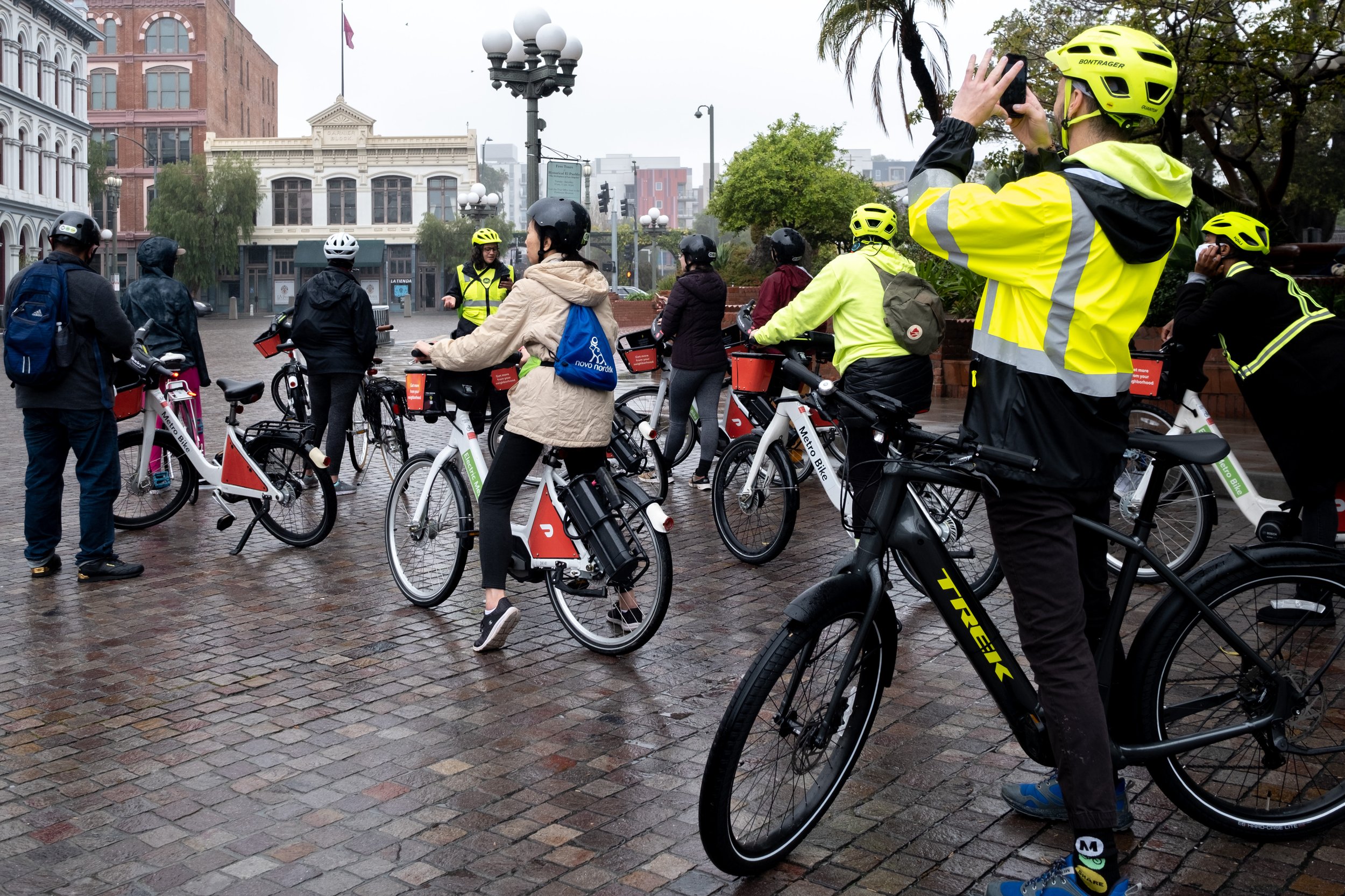  Bikers assemble in front of Los Angeles Plaza Park on the Metro Bike Share Women's History Community Ride this rainy morning in Downtown Los Angeles, Calif. on Saturday, March 11, 2023. (Akemi Rico | The Corsair) 
