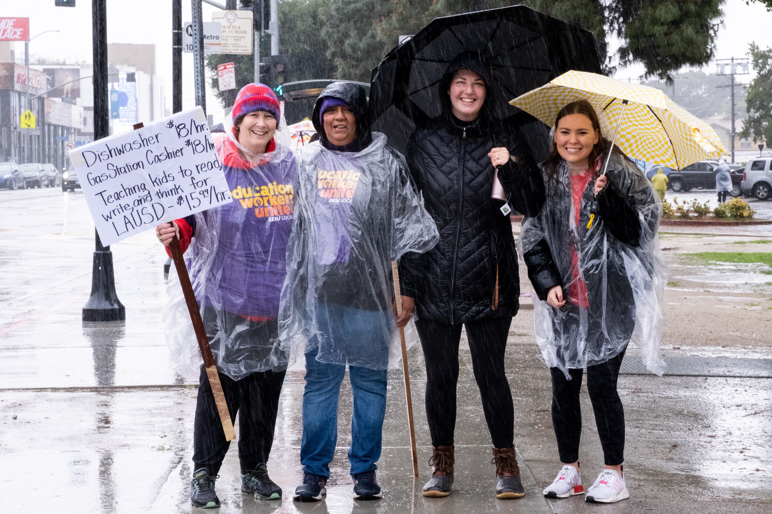  From L-R: Marlee Ostrow, Anjie Klemon, Sara Martino and Sarah Finlay, instructional aides on strike in front of Fairfax High School, in Los Angeles, Calif. on Tuesday, March 21, 2023. (Akemi Rico | The Corsair) 