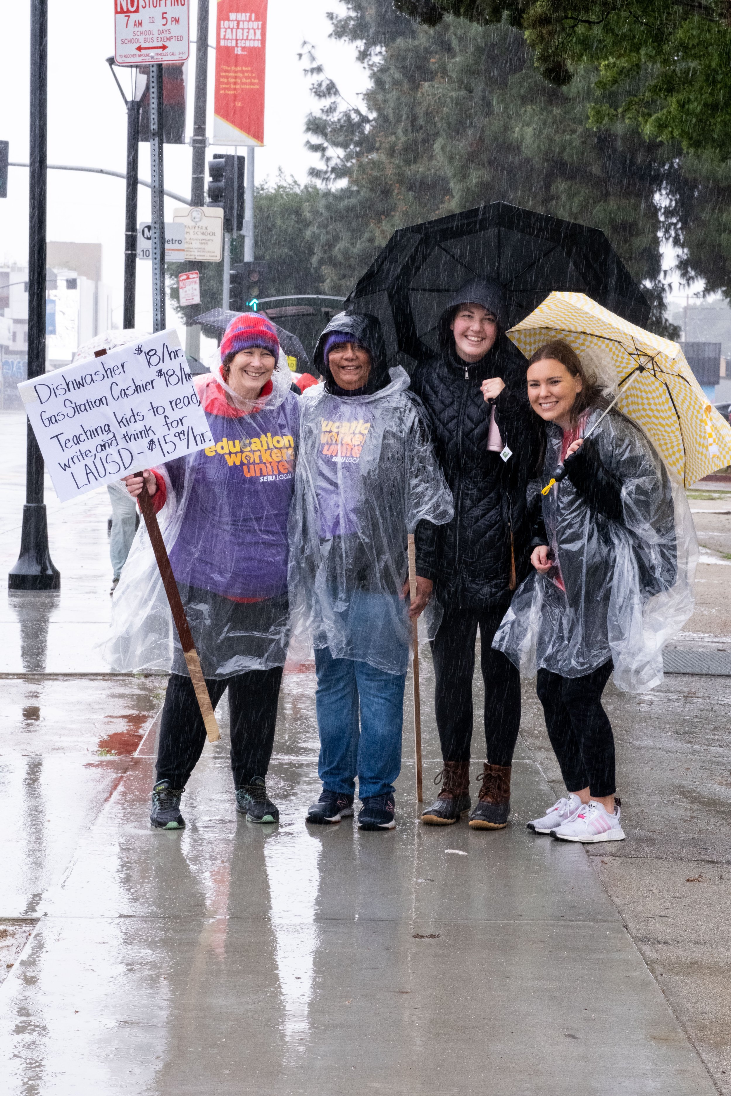  From L-R: Marlee Ostrow, Anjie Klemon, Sara Martino and Sarah Finlay, instructional aides on strike in front of Fairfax High School, in Los Angeles, Calif. on Tuesday, March 21, 2023. (Akemi Rico | The Corsair) 