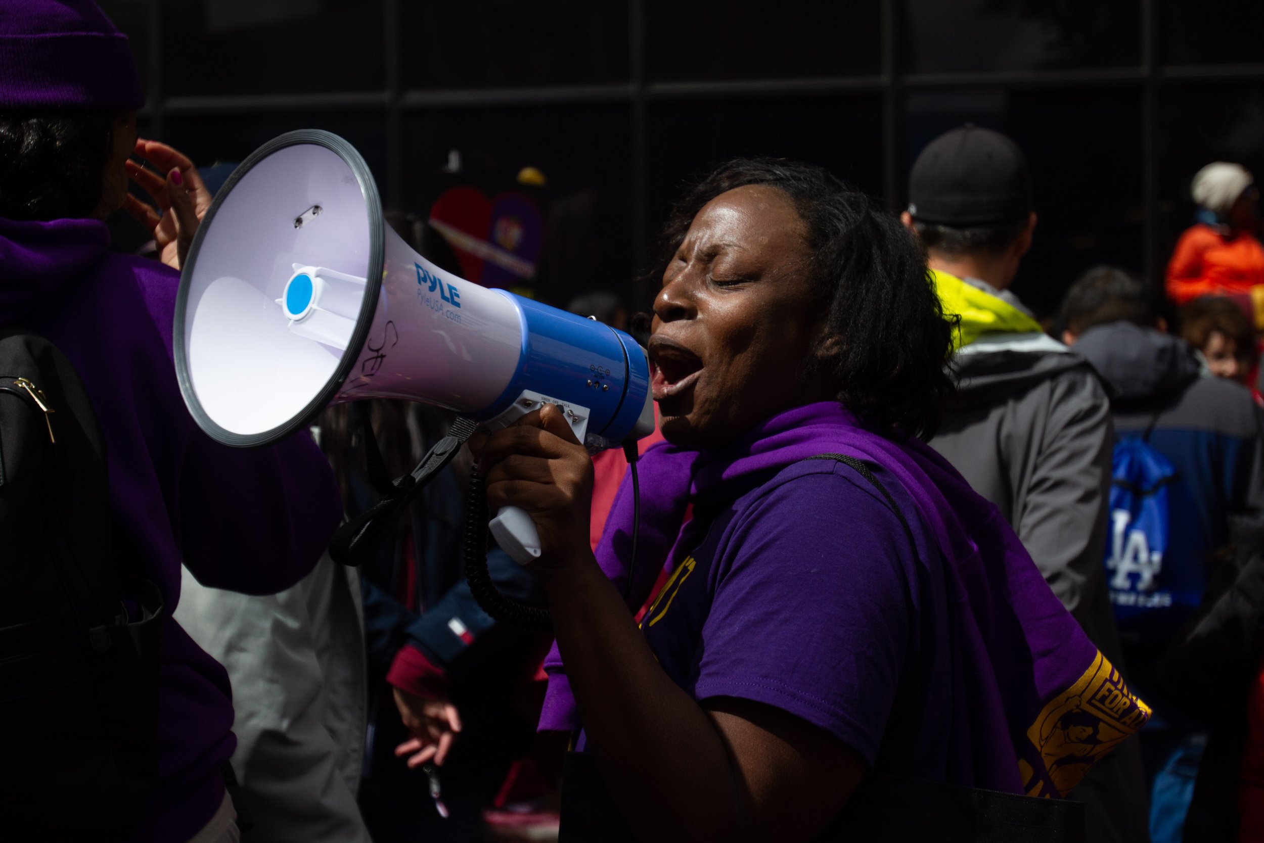  Linda, an organizer from SEIU Local 99, uses her voice in the protest held on Tuesday, March 21, 2023 at the LAUSD headquarters in Downtown L.A. The strike is being lead by SEIU Local 99 members protesting unfair labor practices. (Baleigh O’Brien | 