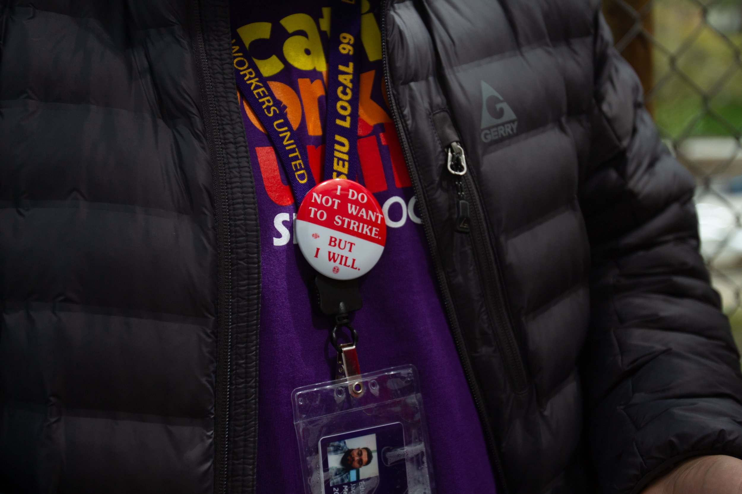  Eduardo Jacobo, a special education assistant, joined the protest held on Tuesday, March 21, 2023 at the LAUSD headquarters in Downtown L.A. The strike is being lead by SEIU Local 99 members protesting unfair labor practices. (Baleigh O’Brien | The 