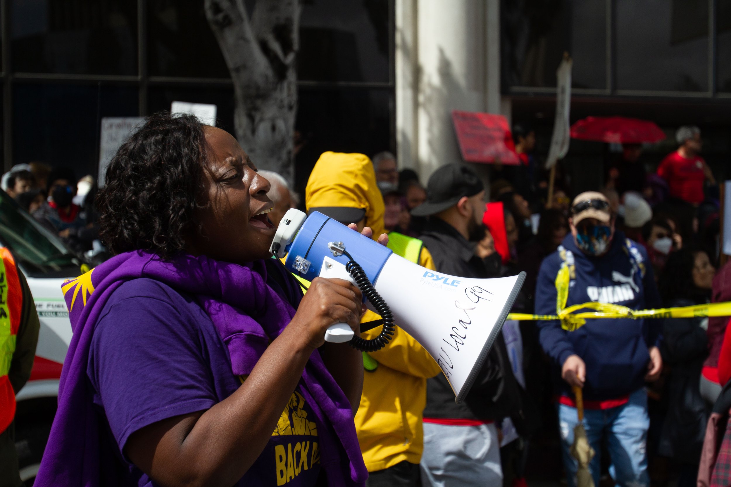  Linda, an organizer from SEIU Local 99, uses her voice in the protest held on Tuesday, March 21, 2023 at the LAUSD headquarters in Downtown L.A. The strike is being lead by SEIU Local 99 members protesting unfair labor practices. (Baleigh O’Brien | 