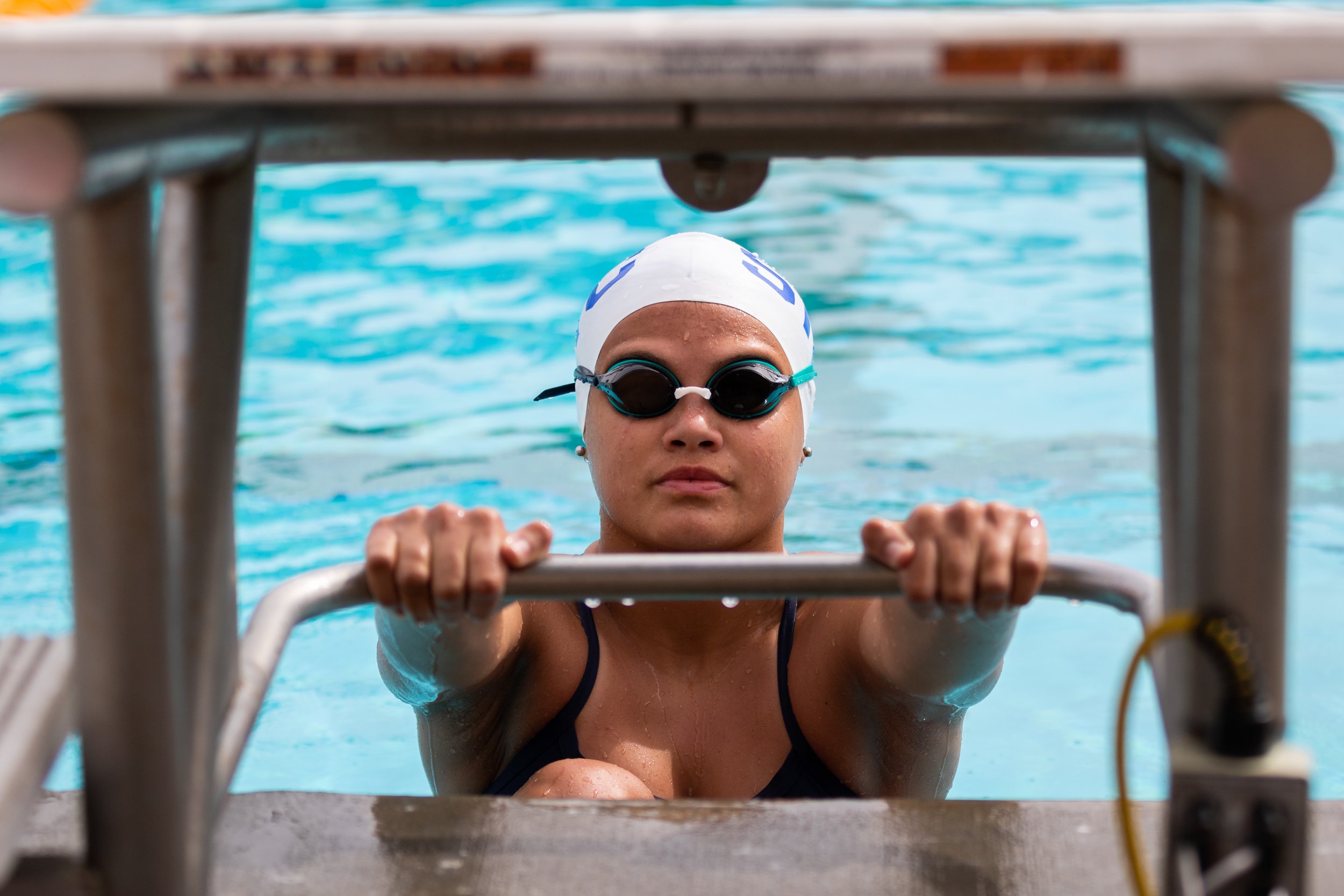  Santa Monica College Corsair Reva Reignier just before the buzzer goes off for the Women's 200 Yard Backstroke during the second Western State Conference at Los Angeles Valley College, Los Angeles, Calif., on Saturday, March 18, 2023. (Caylo Seals |