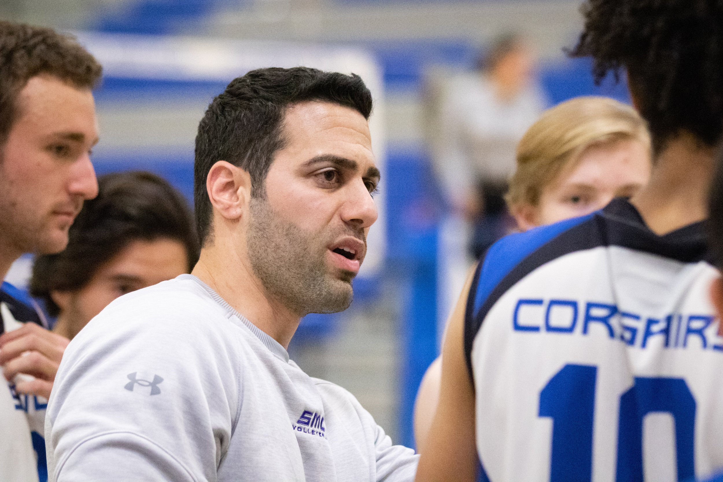  Santa Monica College Corsairs men's volleyball headcoach Liran Zamir talking to the Corsairs during a timeout in the first set of a home game against Santa Barbara City College Vaqueros in Santa Monica, Calif., on Friday, March 24, 2023. The game re