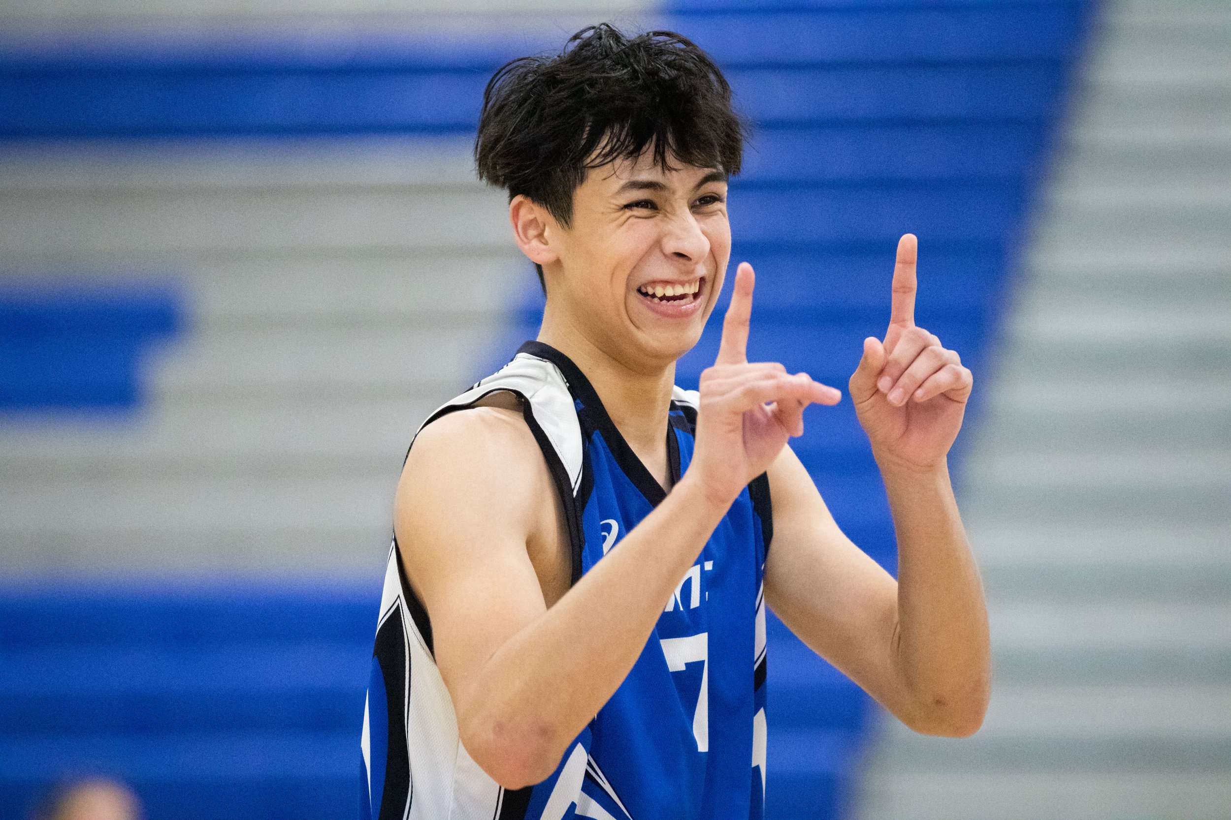  Santa Monica College Corsair libero Javier Castillo (7) reacting to scoring a point during the second set of a home game against Santa Barbara City College Vaqueros in Santa Monica, Calif., on Friday, March 24, 2023. The game resulted in the Corsair
