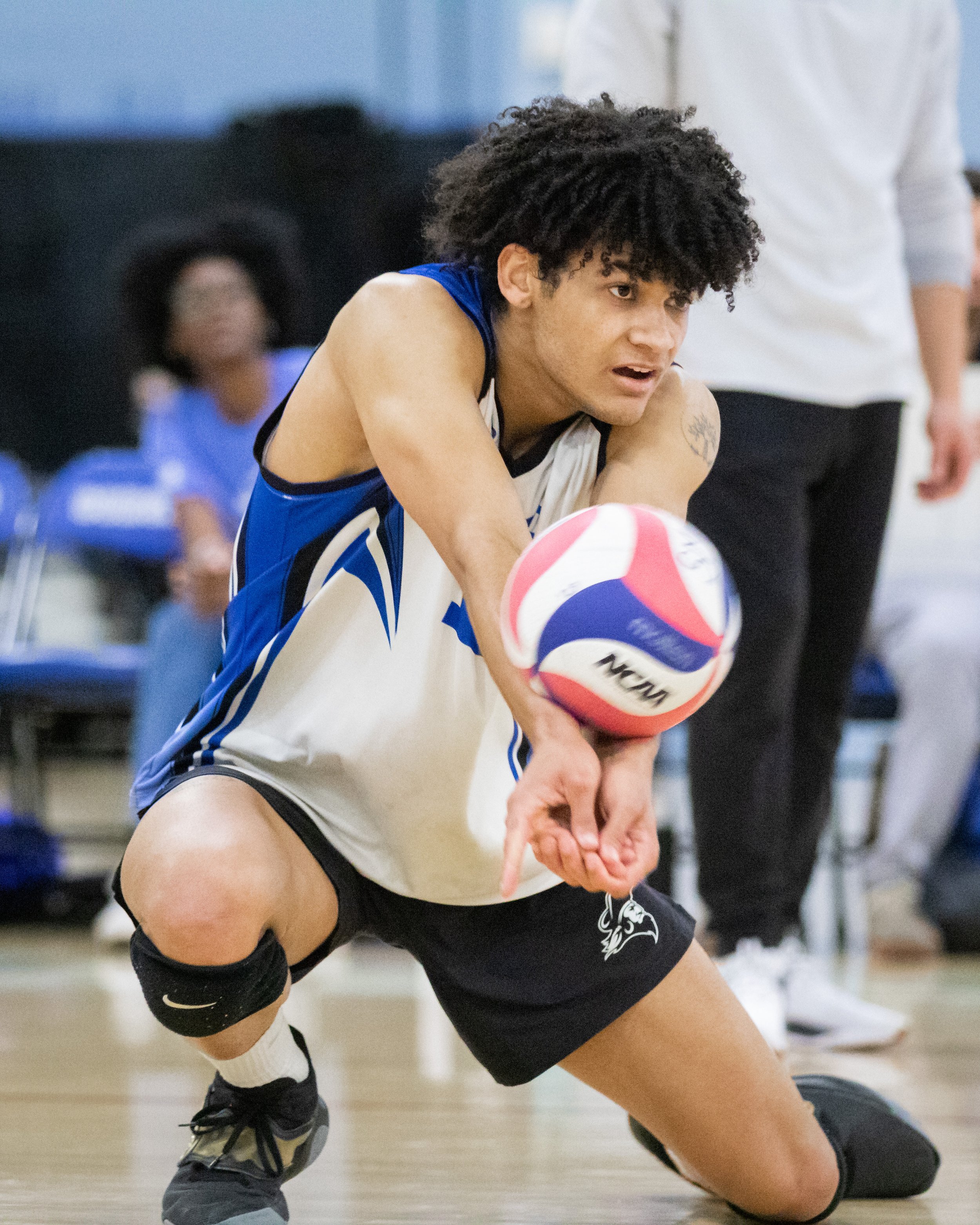  Santa Monica College Corsair outside hitter Nate Davis (10) bumping the ball after a serve during the third set of a home game against Santa Barbara City College Vaqueros in Santa Monica, Calif., on Friday, March 24, 2023. The game resulted in the C