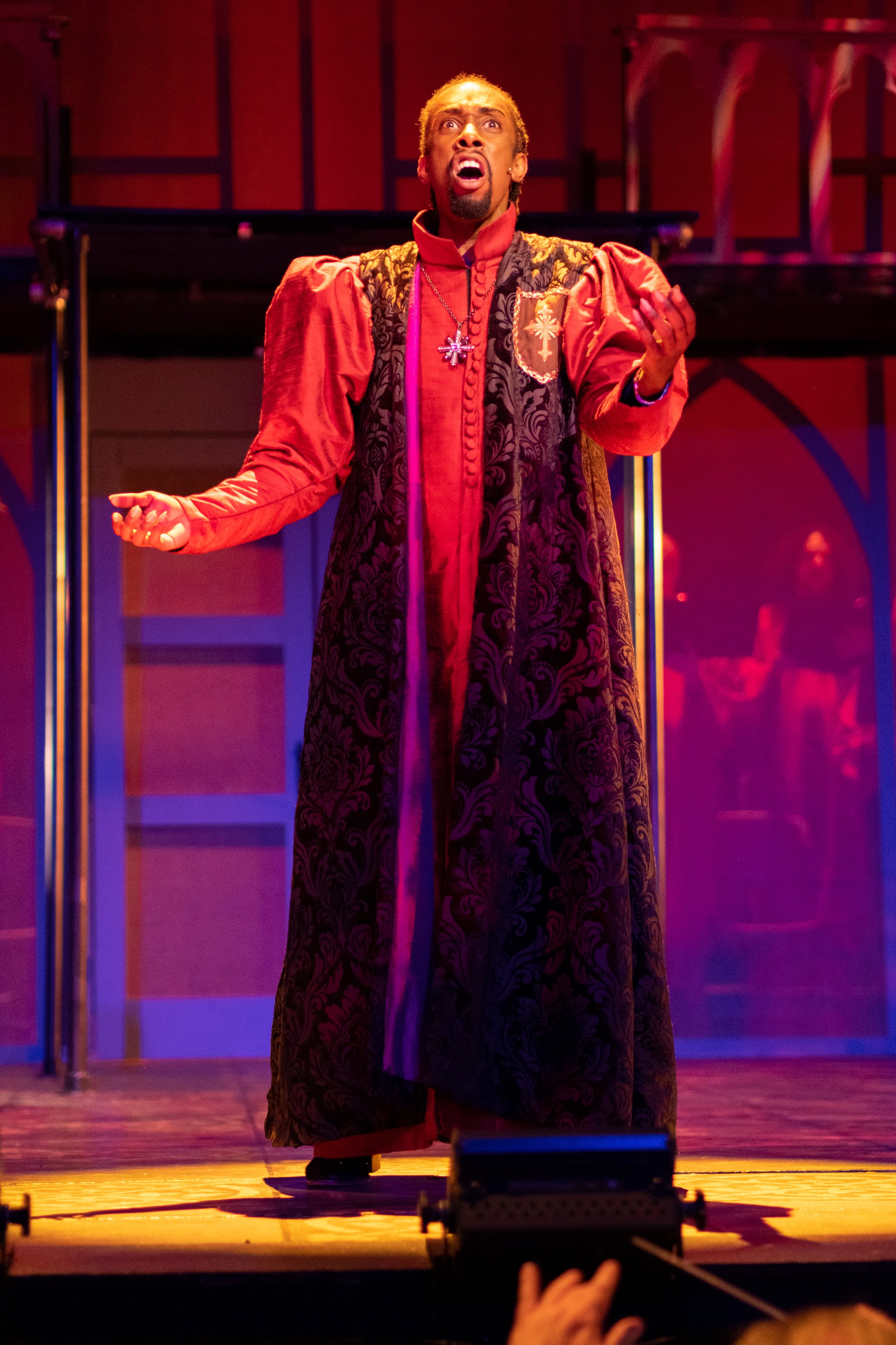  Levi Booker plays Dom Claude Frollo, Archdeacon of Notre Dame Cathedral in the musical production, The Hunchback of Notre Dame, during rehearsal on Thursday, March 30, 2023 at Santa Monica College Theare Arts and Music Departments Main Stage. (Akemi