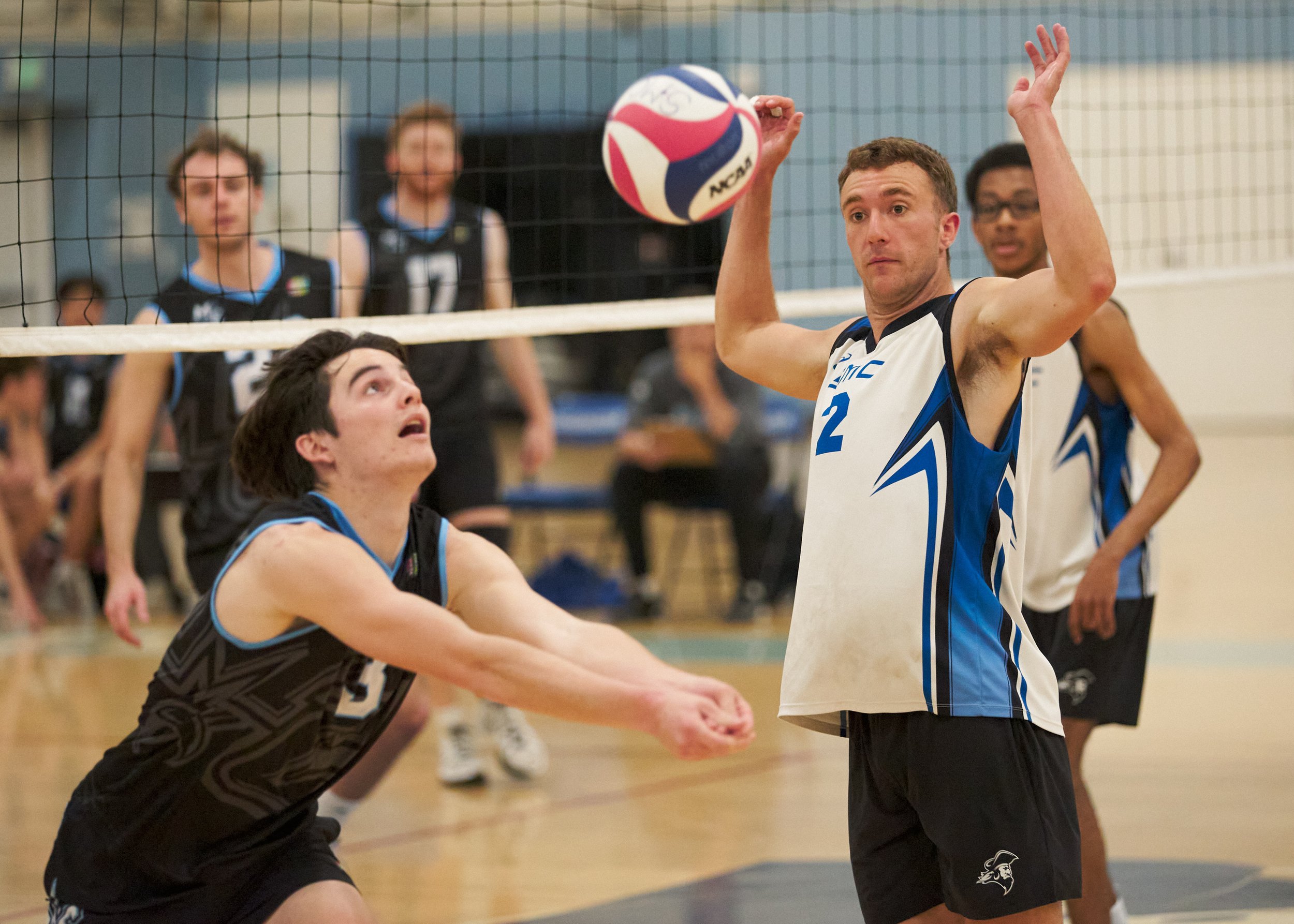  Santa Monica College Corsairs' Kane Schwengel (right) gets surprised when Moorpark College Raiders' Garrett Ream (left) follows the ball onto the Corsairs' side of the court during the men's volleyball match on Wednesday, April 12, 2023, at Corsair 