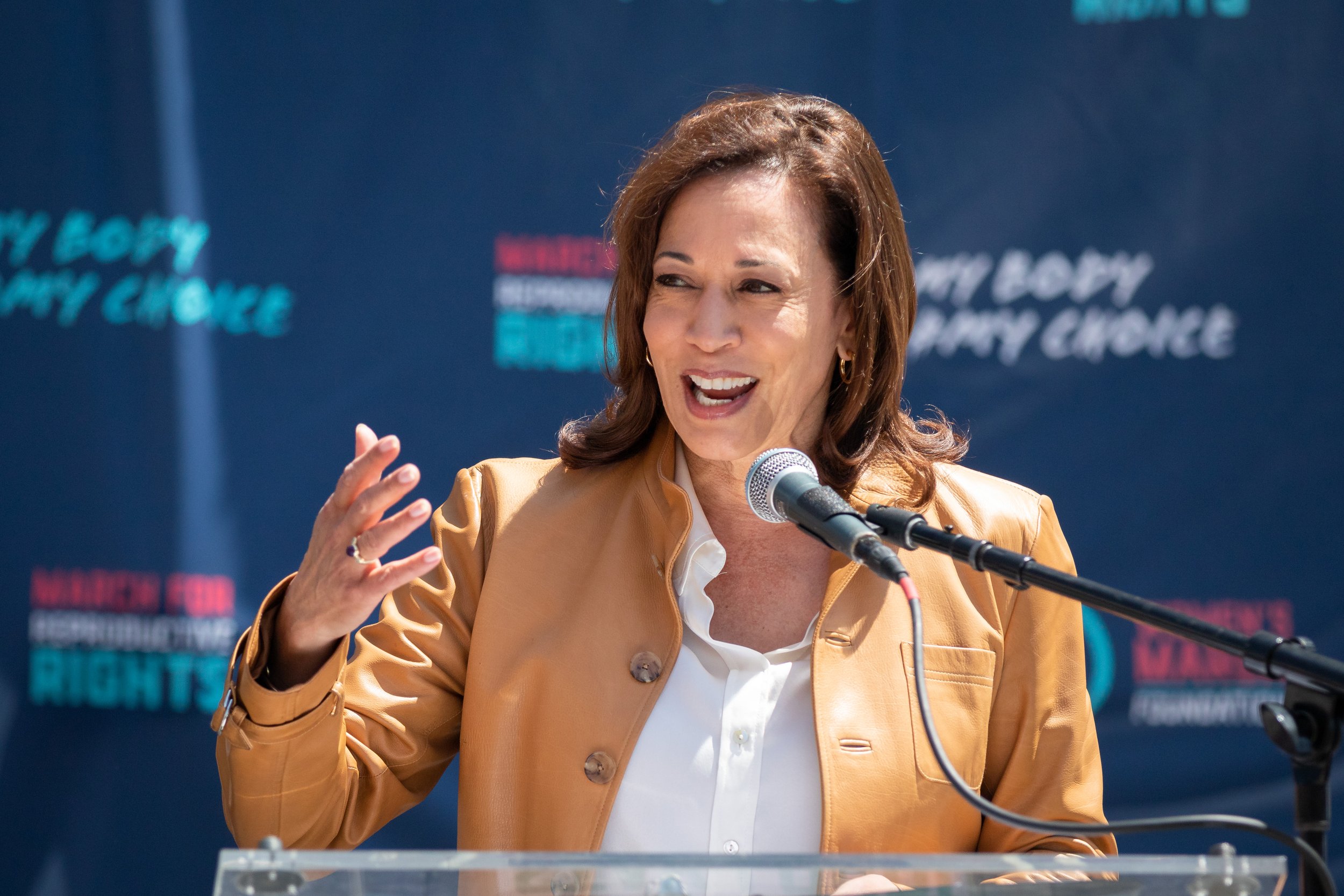  United States Vice President Kamala Harris speaks from the steps of Los Angeles City Hall during a protest organized by Women's March Foundation LA, Rise Up 4 Abortion Rights LA, and several other organizations in Downtown Los Angeles, Calif., on Sa