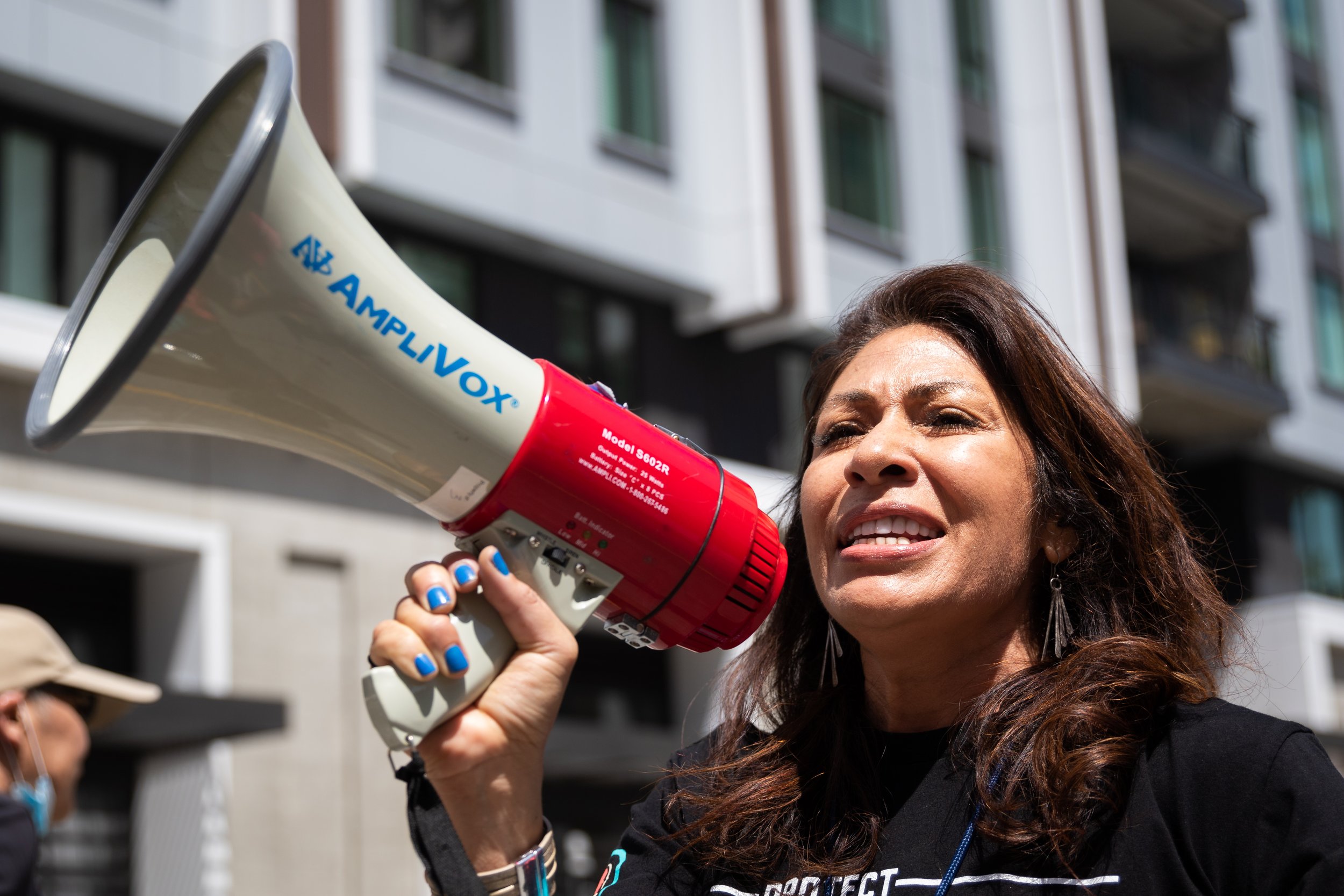  A protester leads chants during a march organized by Women's March Foundation LA, Rise Up 4 Abortion Rights LA, and several other organizations in Downtown Los Angeles, Calif., on Saturday, April 15, 2023. The group marched from Pershing Square to L