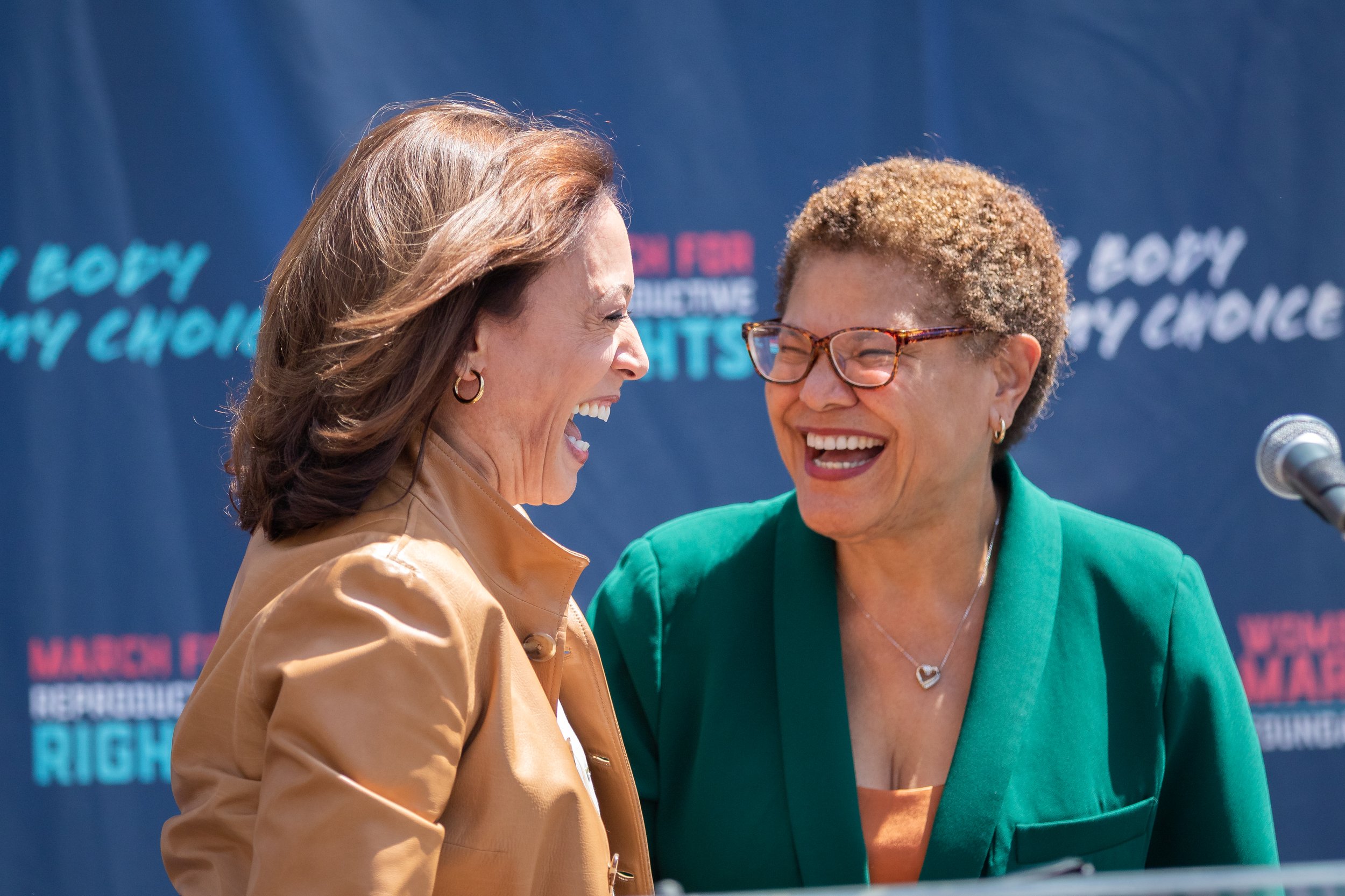  United States Vice President Kamala Harris (left) and Los Angeles Mayor Karen Bass (right) embrace on the steps of Los Angeles City Hall before Harris gives a speech during a protest organized by Women's March Foundation LA, Rise Up 4 Abortion Right