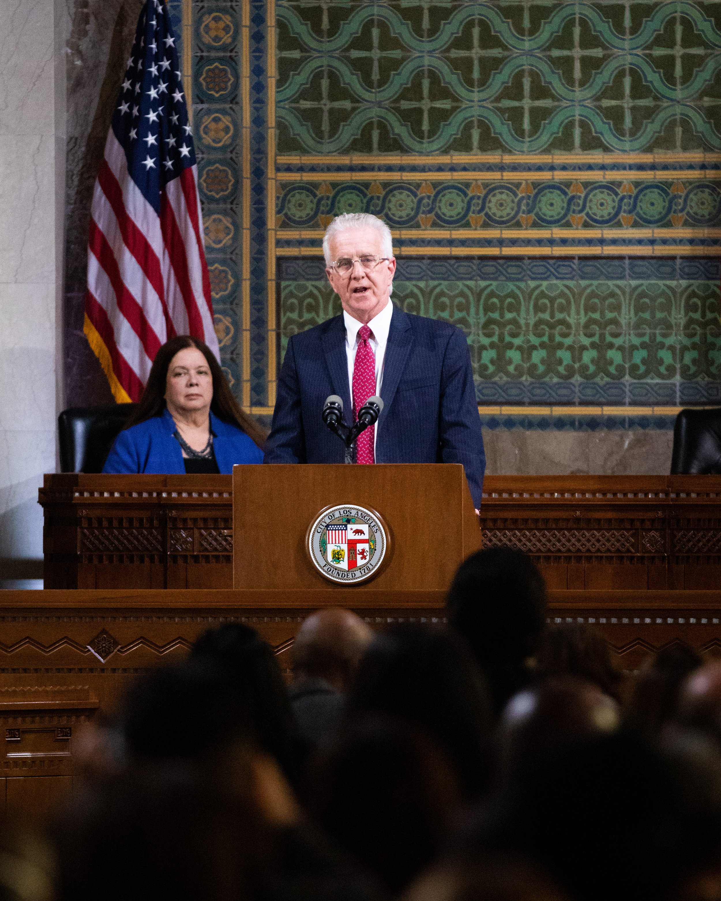  Los Angeles City Council President Paul Krekorian (district 2) speaks before Mayor Karen Bass delivers her first State of the City address in the Council Chambers, in Los Angeles City Hall, Los Angeles, Calif., on Monday, April 17, 2023. As part of 
