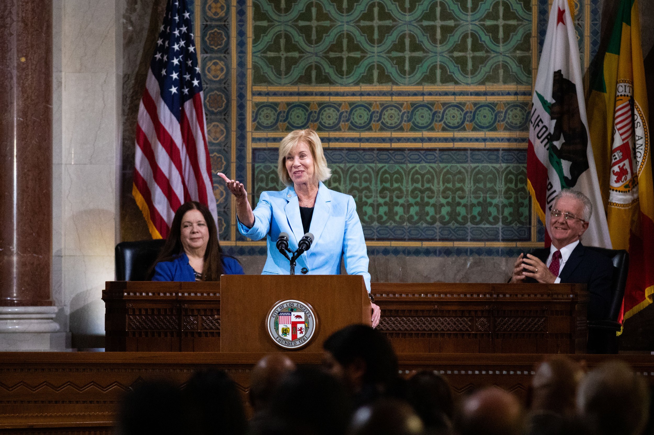  Chair of the Los Angeles County Board of Supervisors Janice Hahn (district 4) speaks before Mayor Karen Bass delivers her first State of the City address in the Council Chambers, in Los Angeles City Hall, Los Angeles, Calif., on Monday, April 17, 20