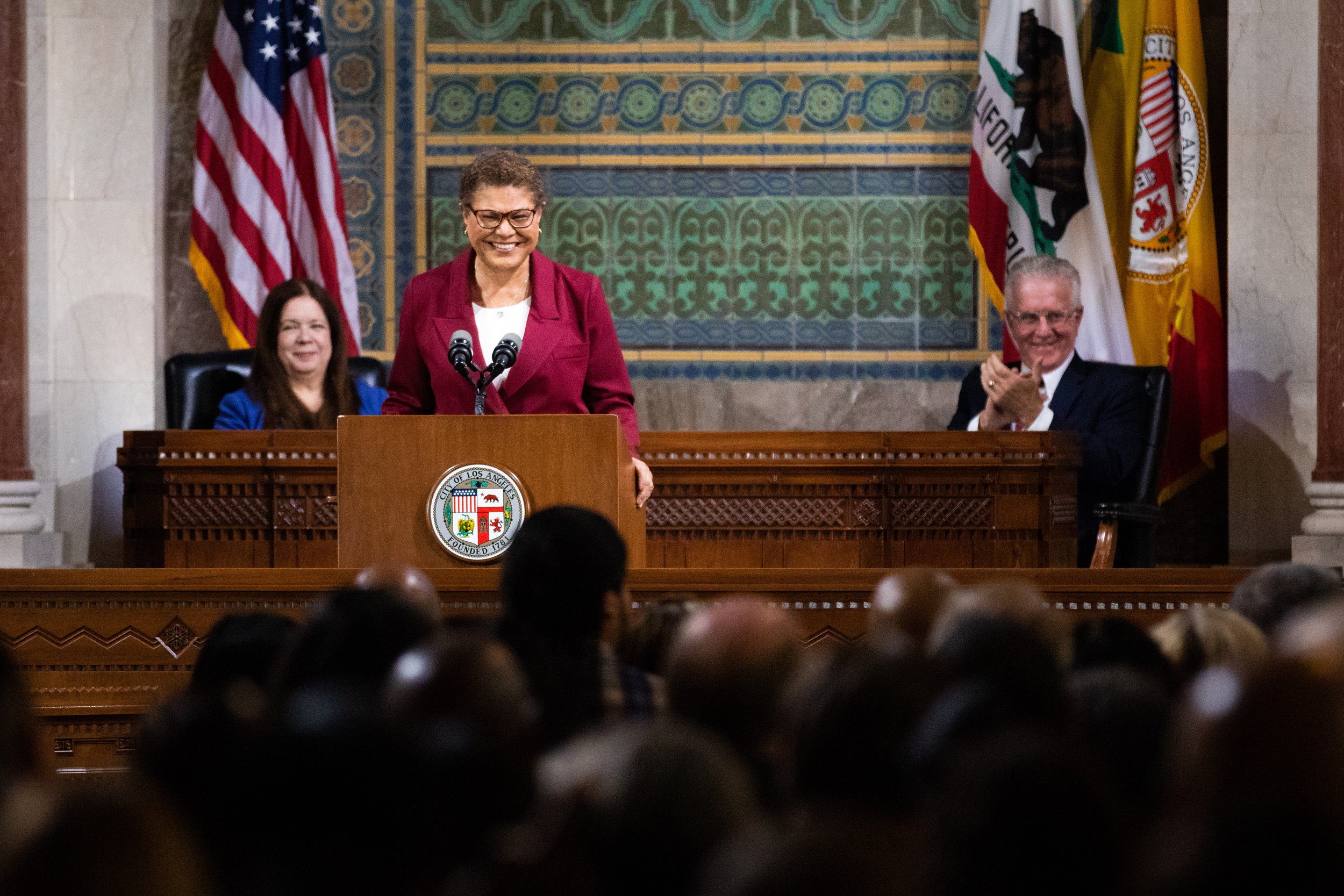  Los Angeles Mayor Karen Bass delivers her first State of the City address in the Council Chambers, in Los Angeles City Hall, Los Angeles, Calif., on Monday, April 17, 2023. As part of her speech, she announced that she will propose a $250-million ex
