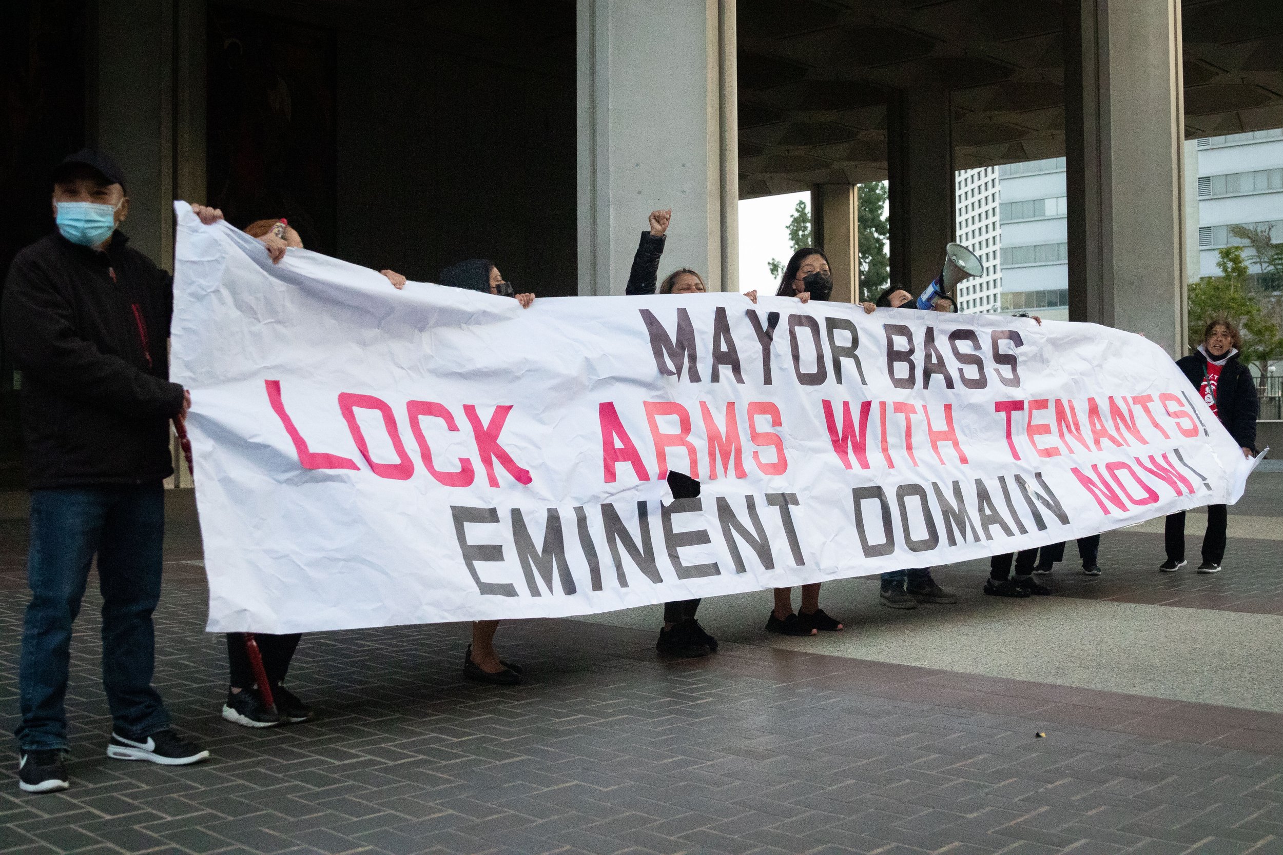  Protesters outside Los Angeles City Hall demanding more affordable rent after Mayor Karen Bass delievered her first State of the City address in Los Angeles, Calif., on Monday, April 17, 2023. As part of Bass’ speech, she announced that she will pro