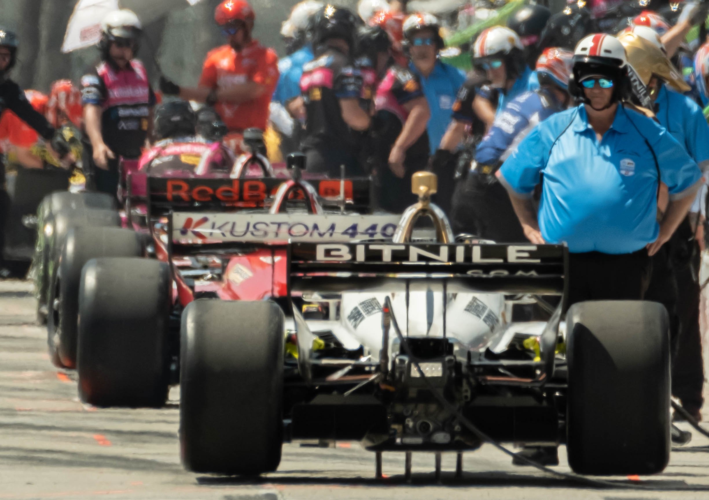  Formula 1 cars taking part in the NTT Indycar Series Qualifying race in the pit stop during Acura's 48th Grand Prix on Saturday, April 15 at Long Beach, Calif. (Danilo Perez | The Corsair) 