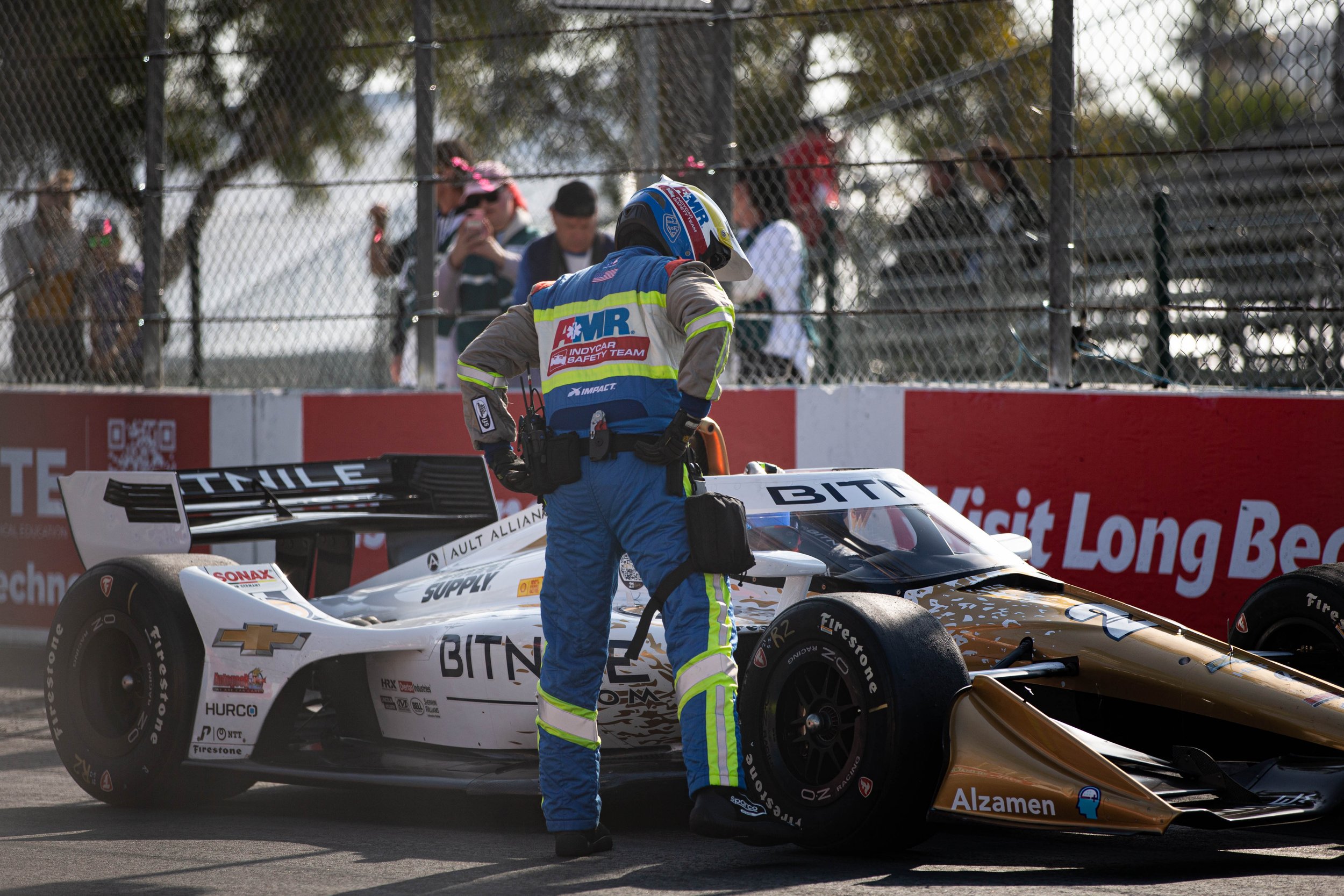  American Medical Response(AMR) personel checking on Conor Daly after his vehicle malfunctioned in the middle of the track during the NTT Indycar Series practice #2 in Acura's 48th Grand Prix on Saturday, April, 15 at Long Beach, Calif. (Danilo Perez