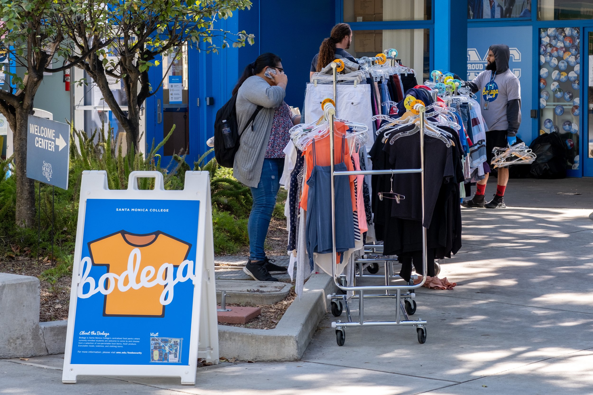  The Bodega is open, displaying clothes on racks in front of the food pantry next to the cafeteria on the Main Campus at Santa Monica College on Friday, April 21, 2023,  in Santa Monica, Calif. (Akemi Rico | The Corsair) 